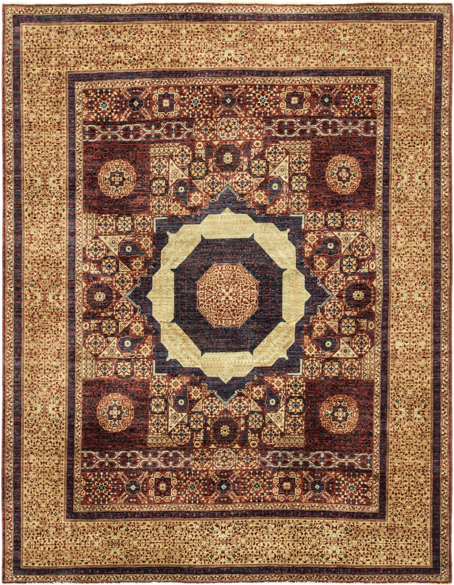 An 8x10 rectangular Mamluk Ziegler rug featuring a central medallion in deep red and navy, surrounded by intricate traditional patterns in reds, blues, and gold.