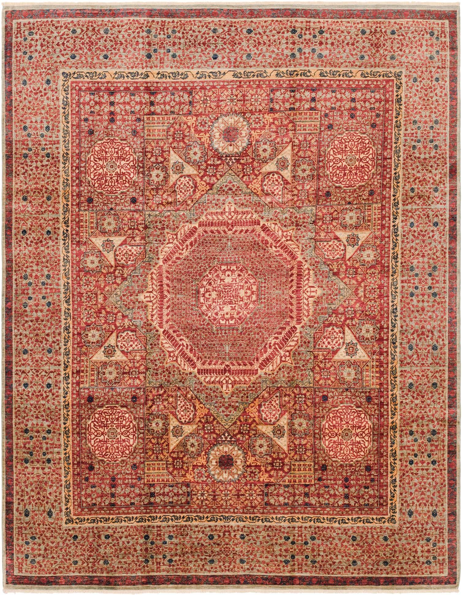 A rectangular 8x11 Mamluk Ziegler rug featuring a central medallion and intricate traditional patterns in various shades of red and beige.