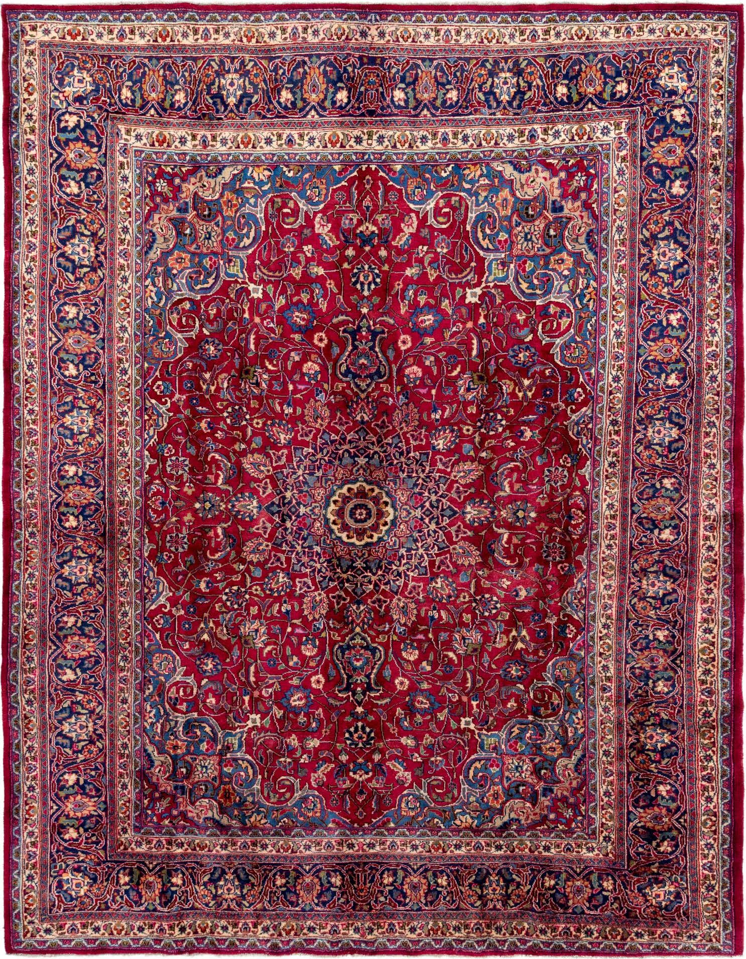 A 10x13 rectangular red Persian rug with a central medallion and intricate floral patterns in blue, cream, and gold.