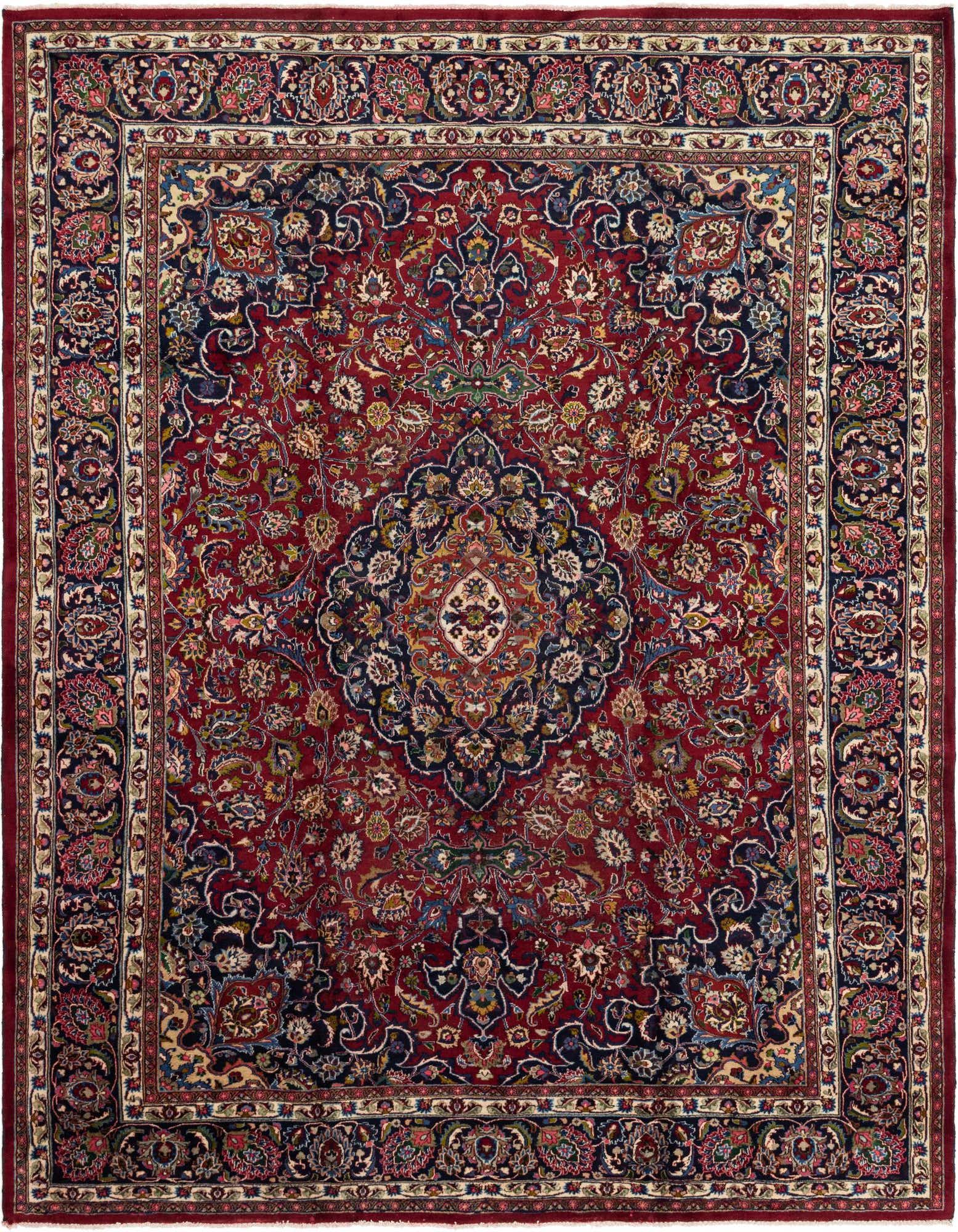 A 10x13 rectangular red Persian rug with a central medallion and intricate botanical patterns, ideal for a living room.