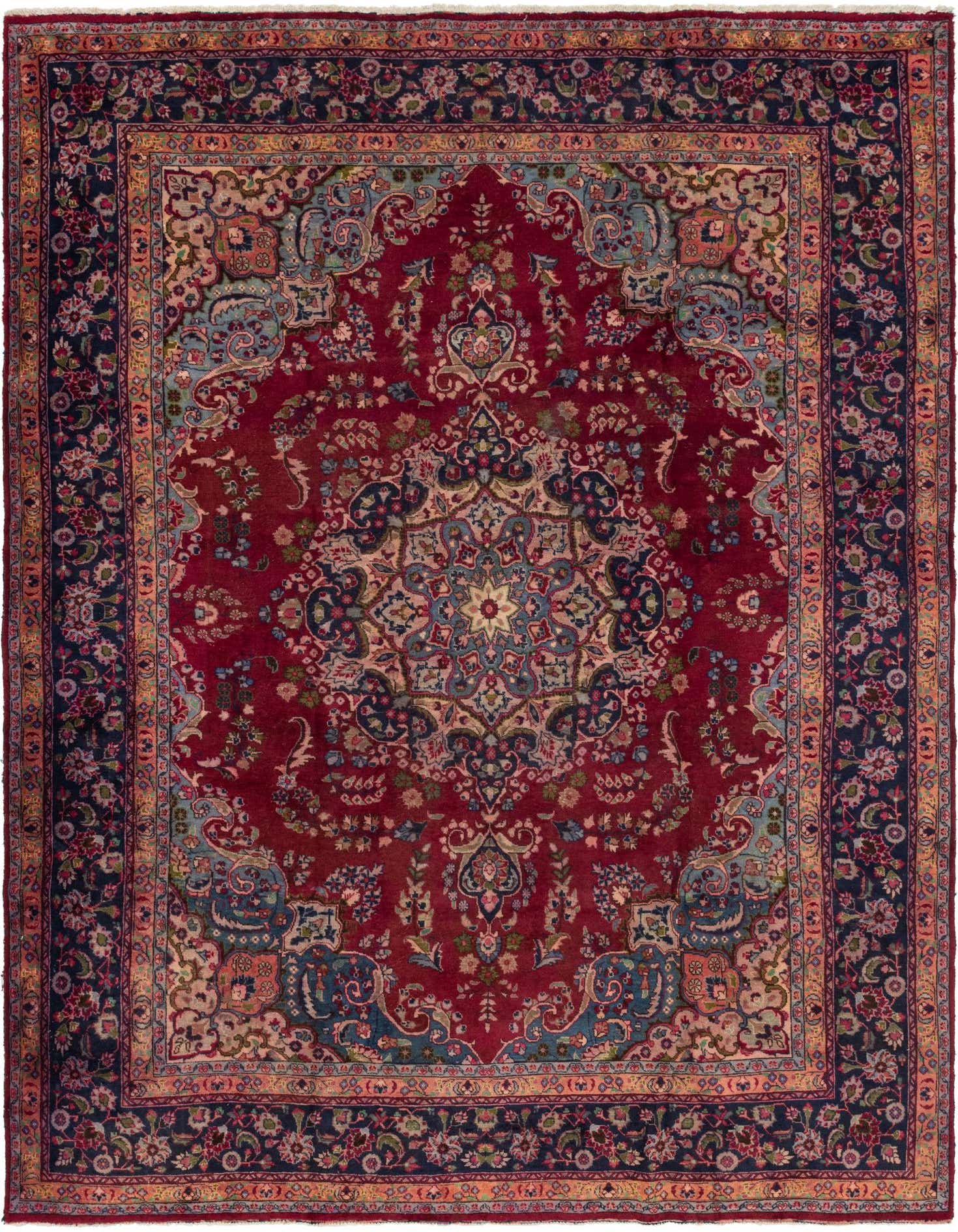 A 10x13 rectangular red Persian rug with a central medallion and intricate botanical patterns in blues, creams, and gold.