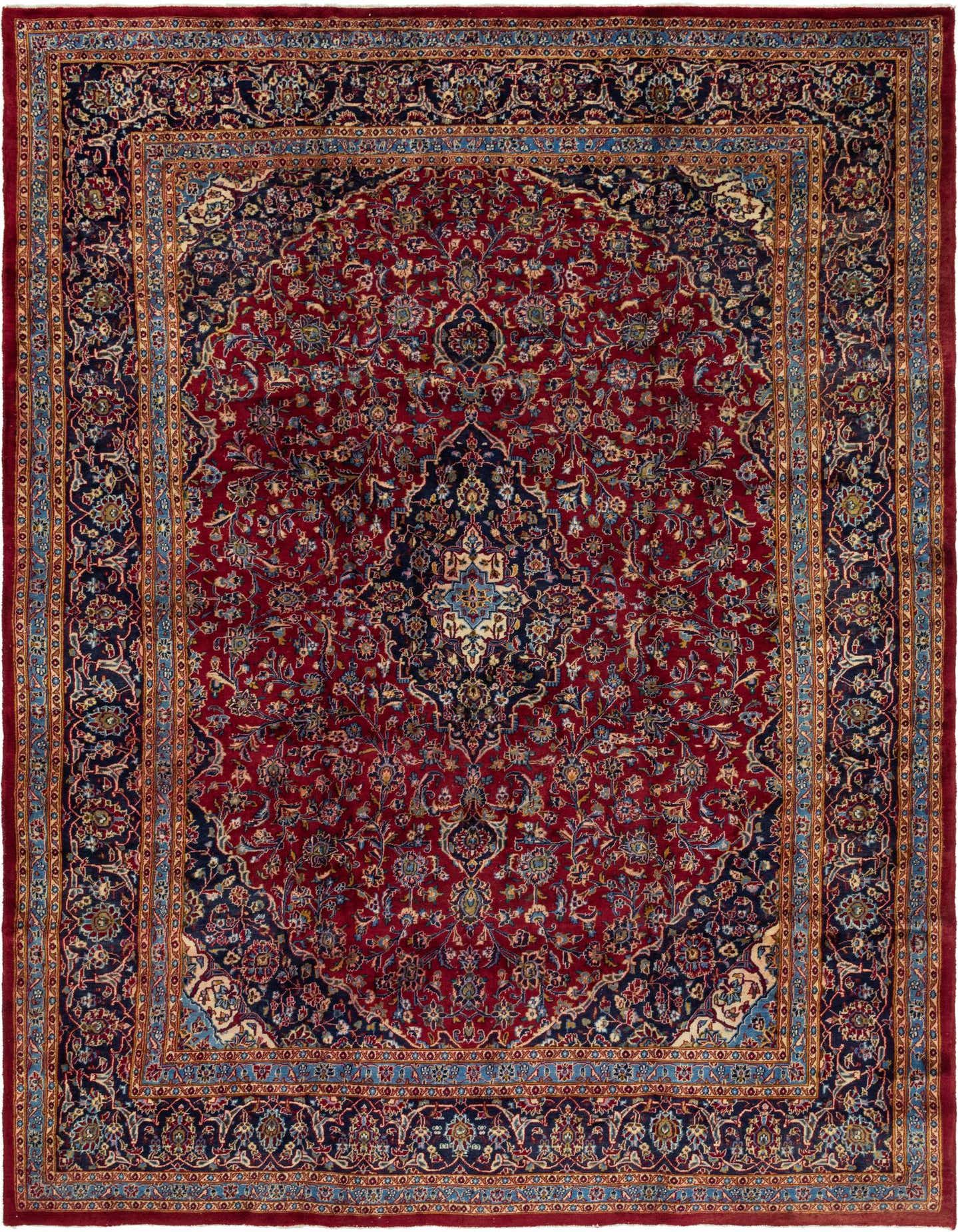 A large 10x13 rectangular red Persian rug with a central medallion and intricate floral patterns in navy, gold, and light blue.
