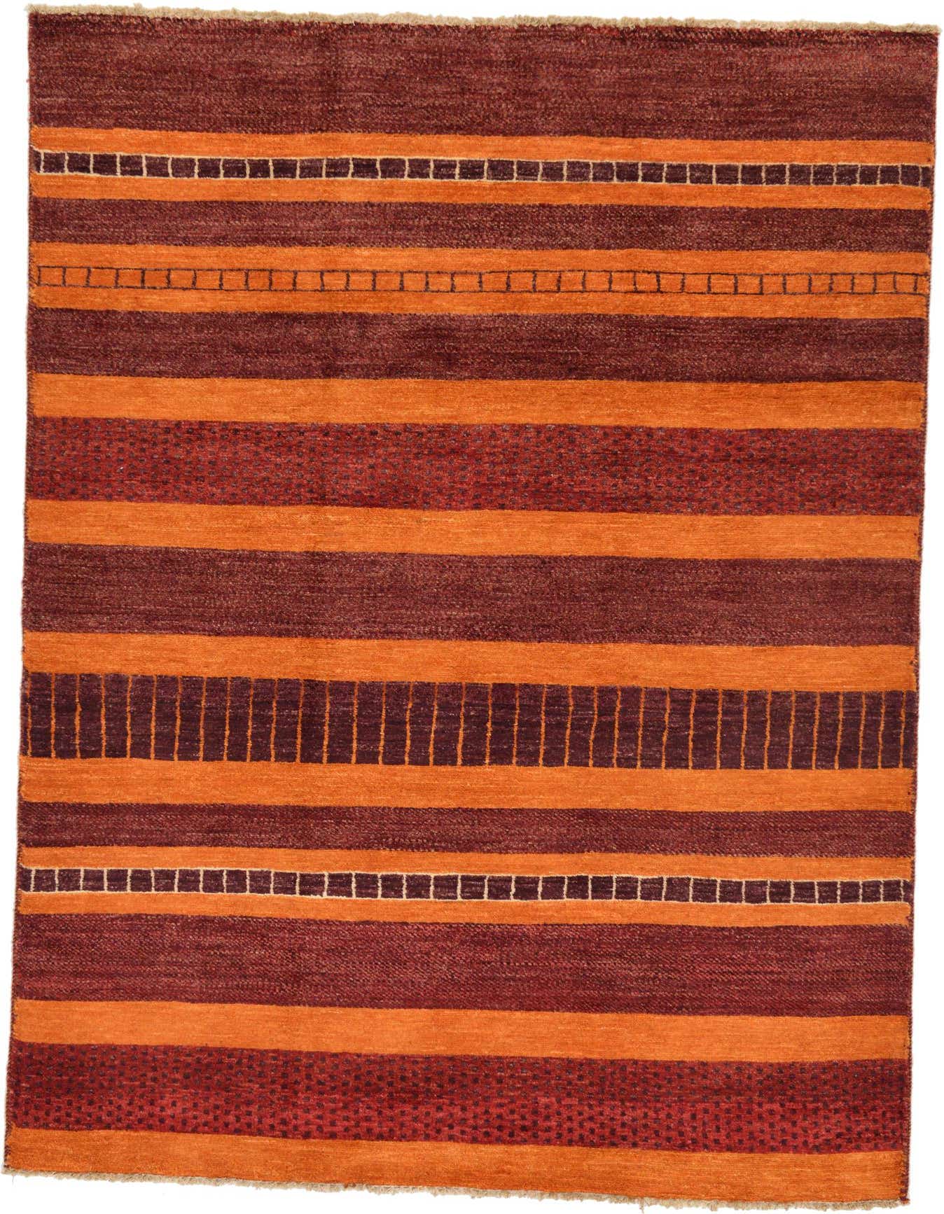 A 4x6 rectangular Modern Ziegler rug featuring alternating stripes of deep red and orange with tribal patterns.