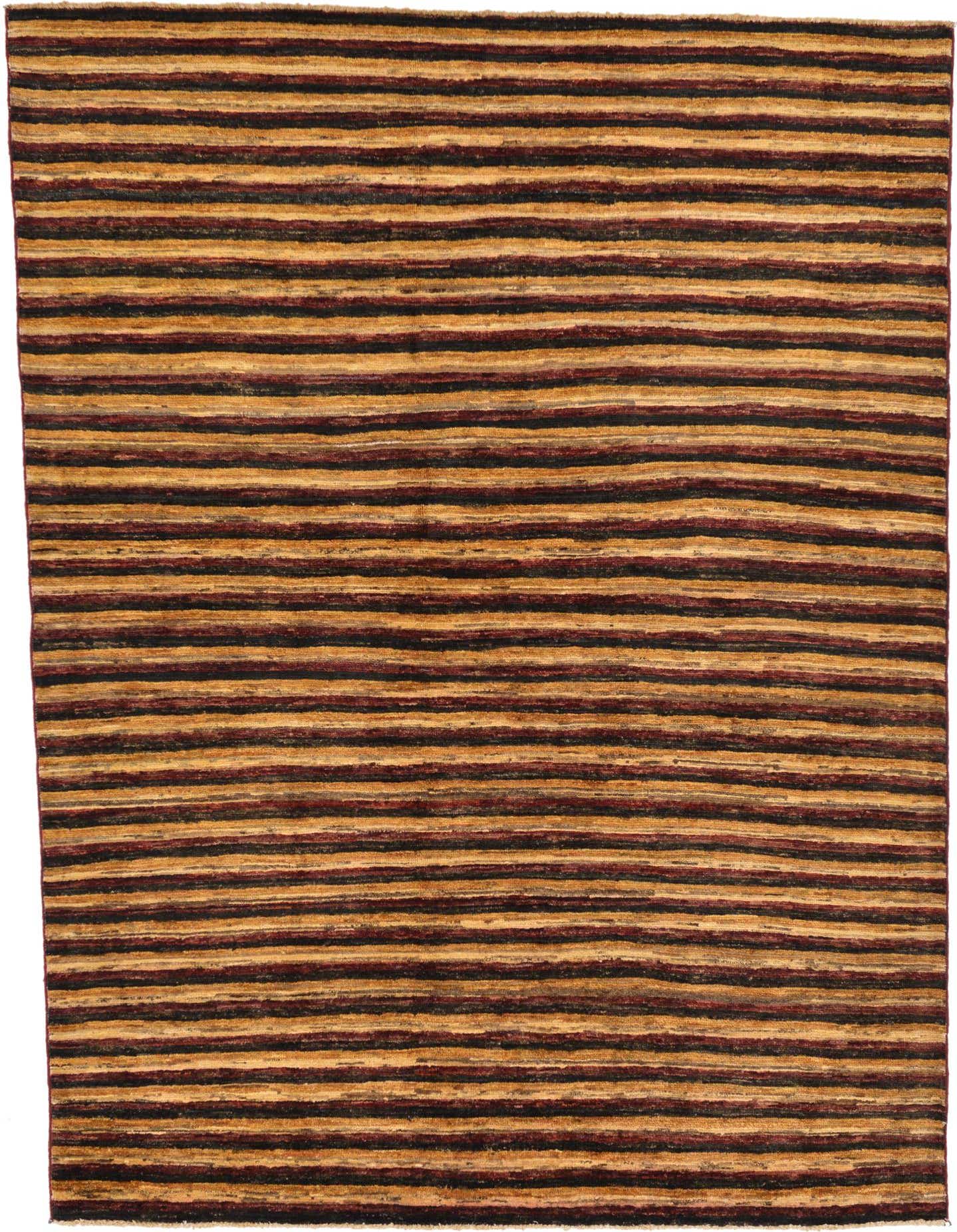 A 5x7 rectangular Modern Ziegler rug featuring horizontal stripes in varying shades of red, brown, and gold.