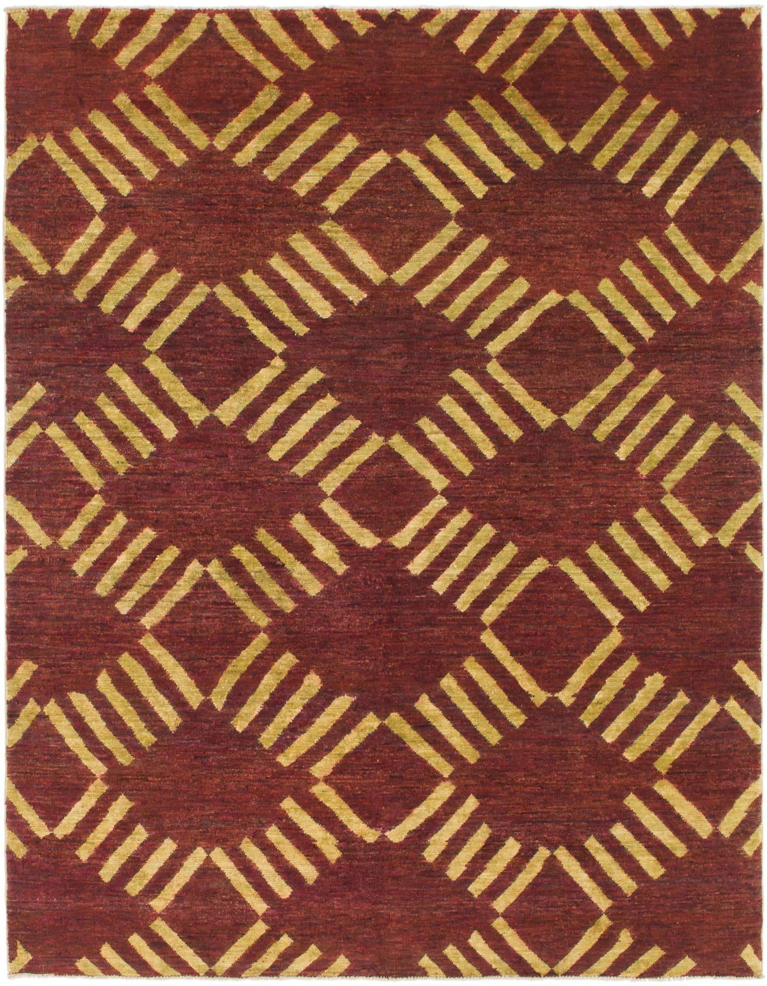 A 4x6 rectangular Modern Ziegler rug in deep red with a repeating pattern of golden yellow stripes forming diamonds.