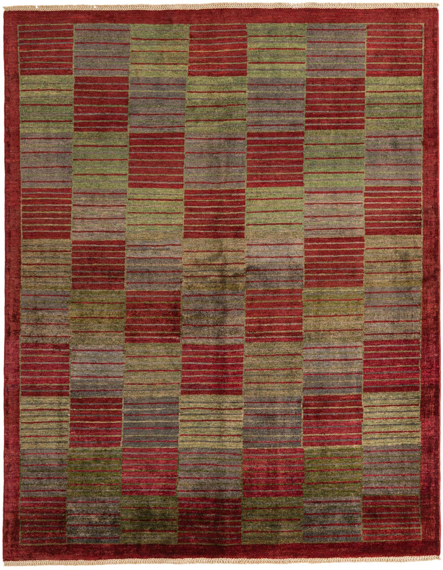 A 5x8 rectangular Modern Ziegler rug featuring a checkerboard pattern of red, green, and gray horizontal stripes.