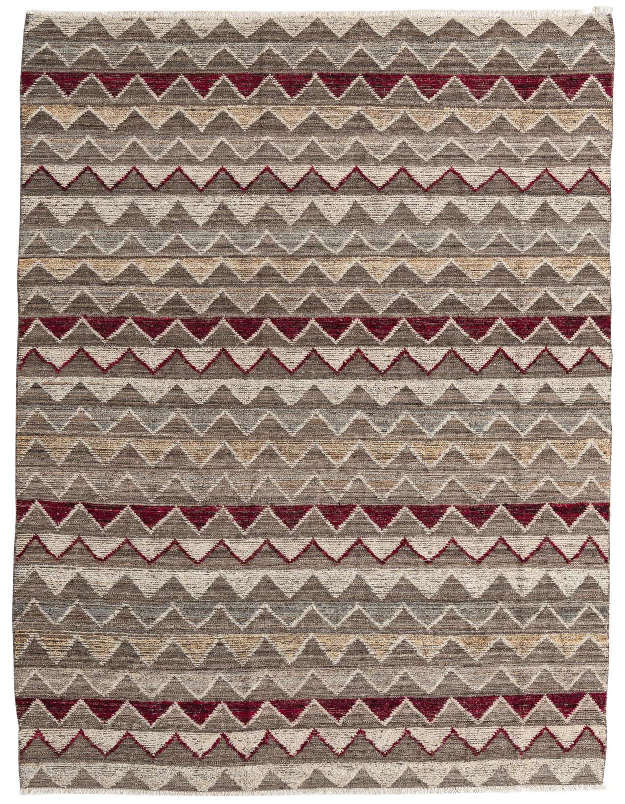 A 6x9 rectangular Modern Ziegler rug featuring a repeating pattern of red, beige, and brown triangles, suitable for a living room.