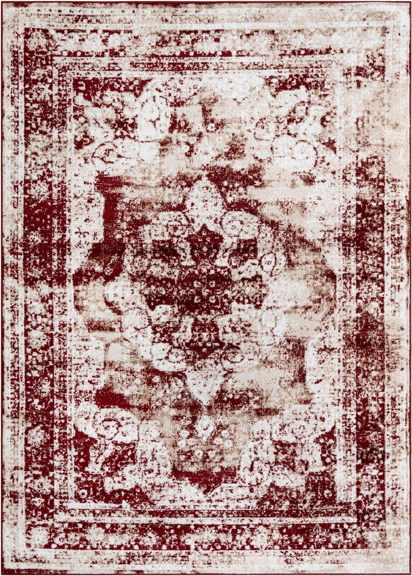 A 7x10 rectangular Monte Carlo rug featuring a distressed medallion pattern in deep reds and cream.