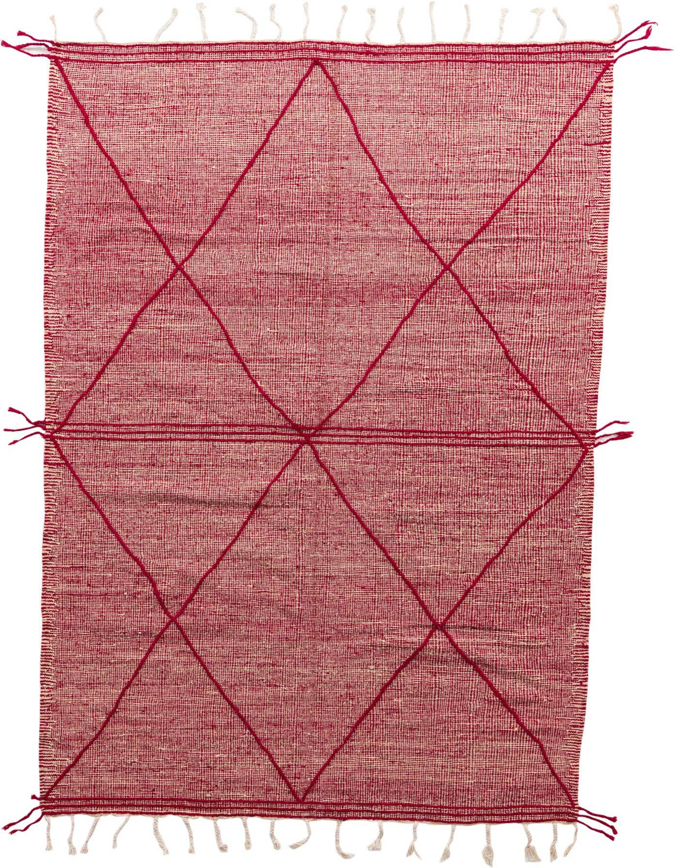 A 7x10 rectangular red wool shag rug with a modern tribal diamond pattern and fringe, suitable for a living room.