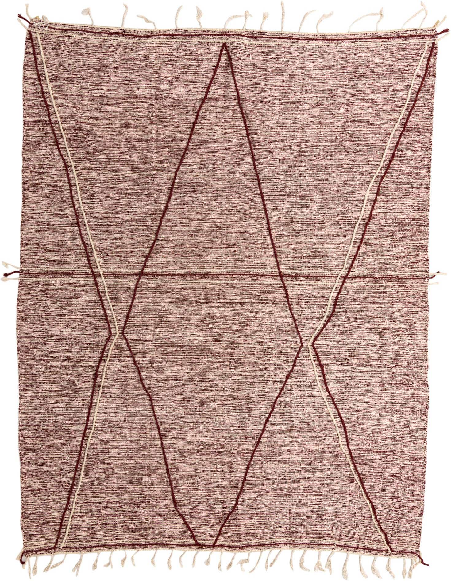 A 10x13 rectangular red tribal shag rug with a modern geometric pattern and fringe.