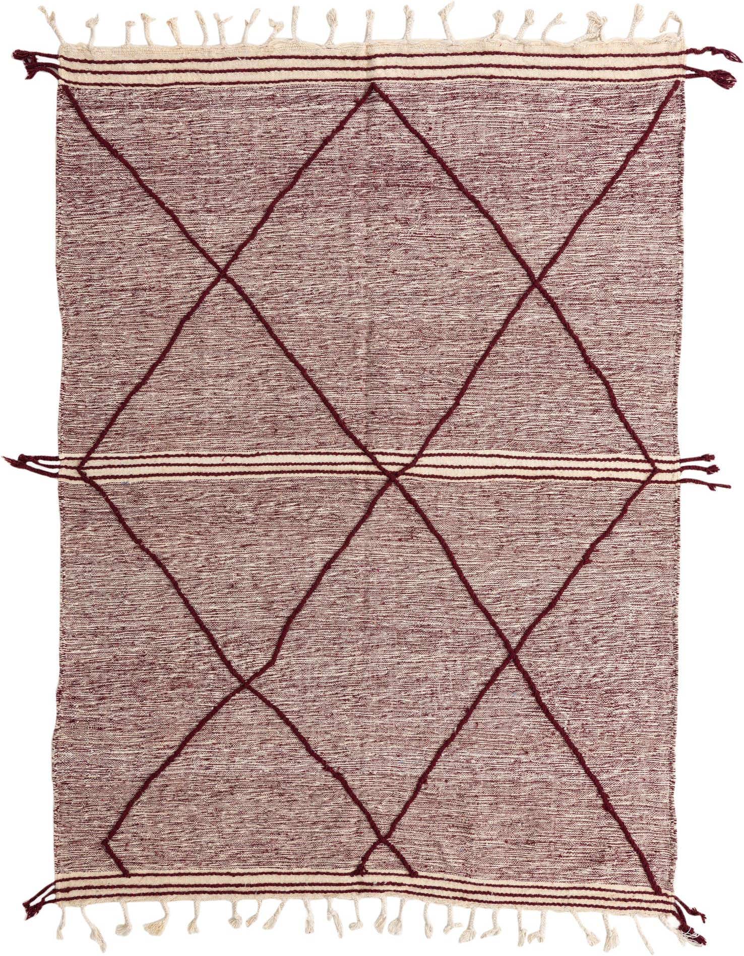 A 6x9 rectangular red tribal wool shag rug with a modern diamond pattern and cream fringe, suitable for a living room.