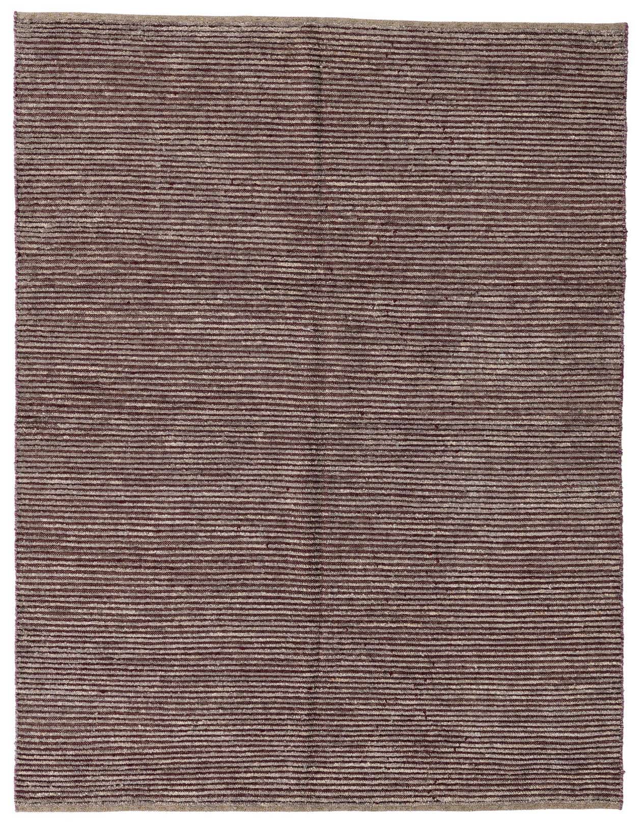 A 5x8 rectangular red wool shag rug with thin horizontal stripes, ideal for a living room or bedroom.