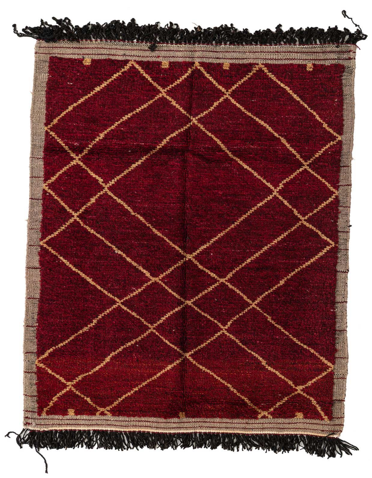 A 4x6 rectangular red Moroccan shag rug with a diamond pattern in gold and black fringe on a white background.