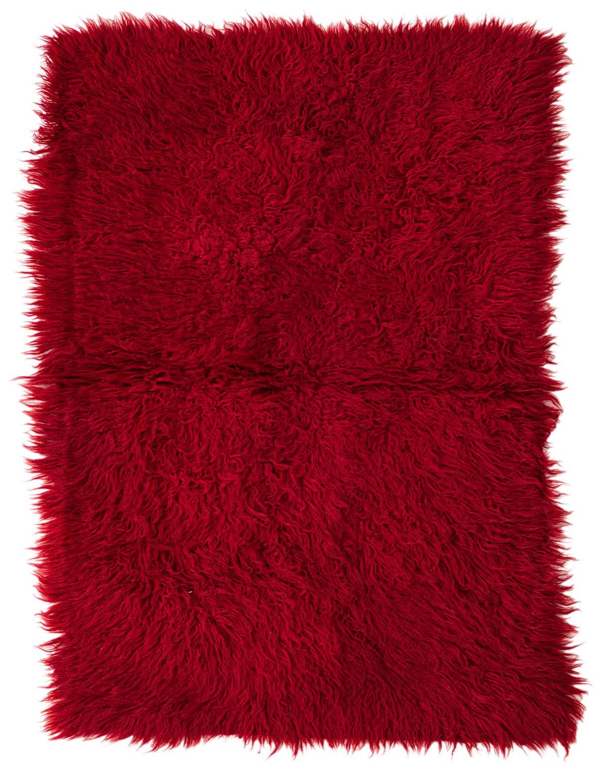 A vibrant 2x3 rectangular red shag rug made of wool, featuring a plush, shaggy texture.