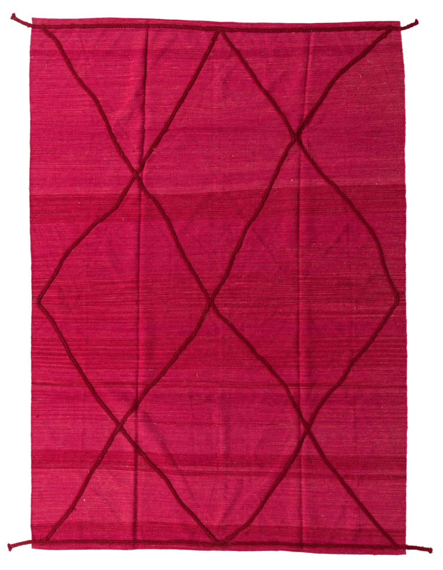 A 7x10 rectangular red shag rug with a dark red tribal diamond pattern, ideal for a living room.