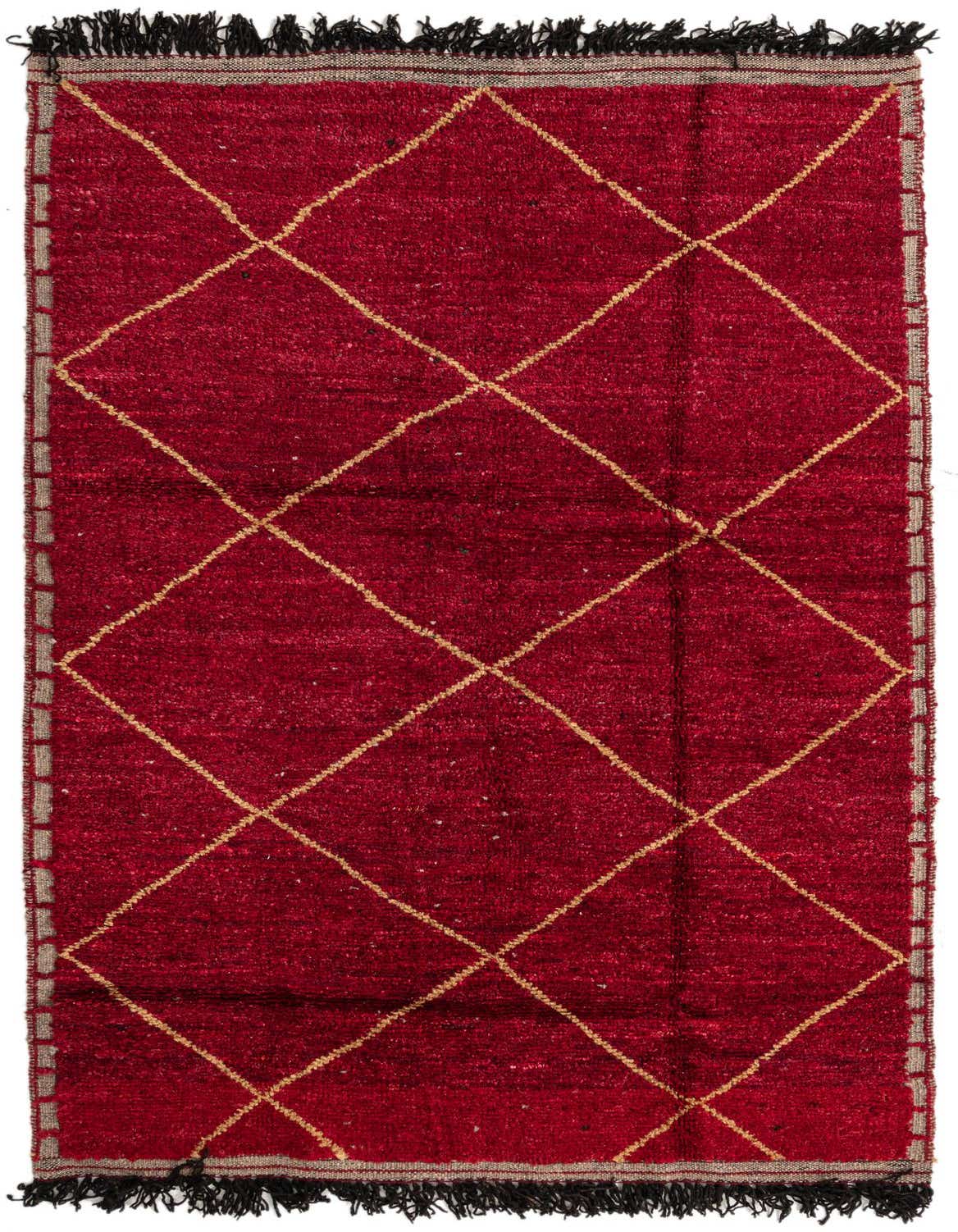 A 5x8 rectangular red shag rug with a gold diamond tribal pattern and dark fringes, perfect for a living room.