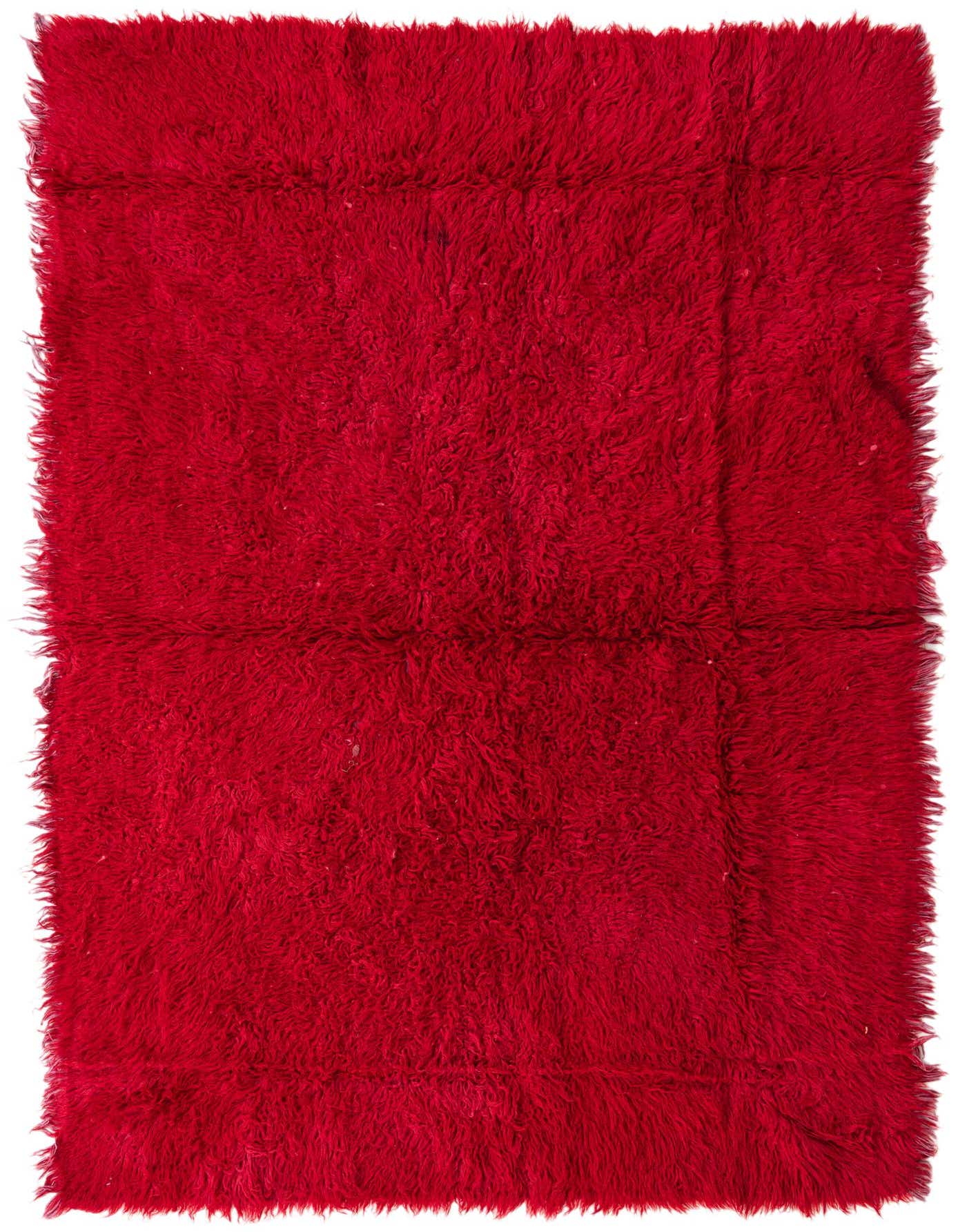A vibrant 5x8 rectangular red shag rug with a thick, plush pile, ideal for a cozy living room.
