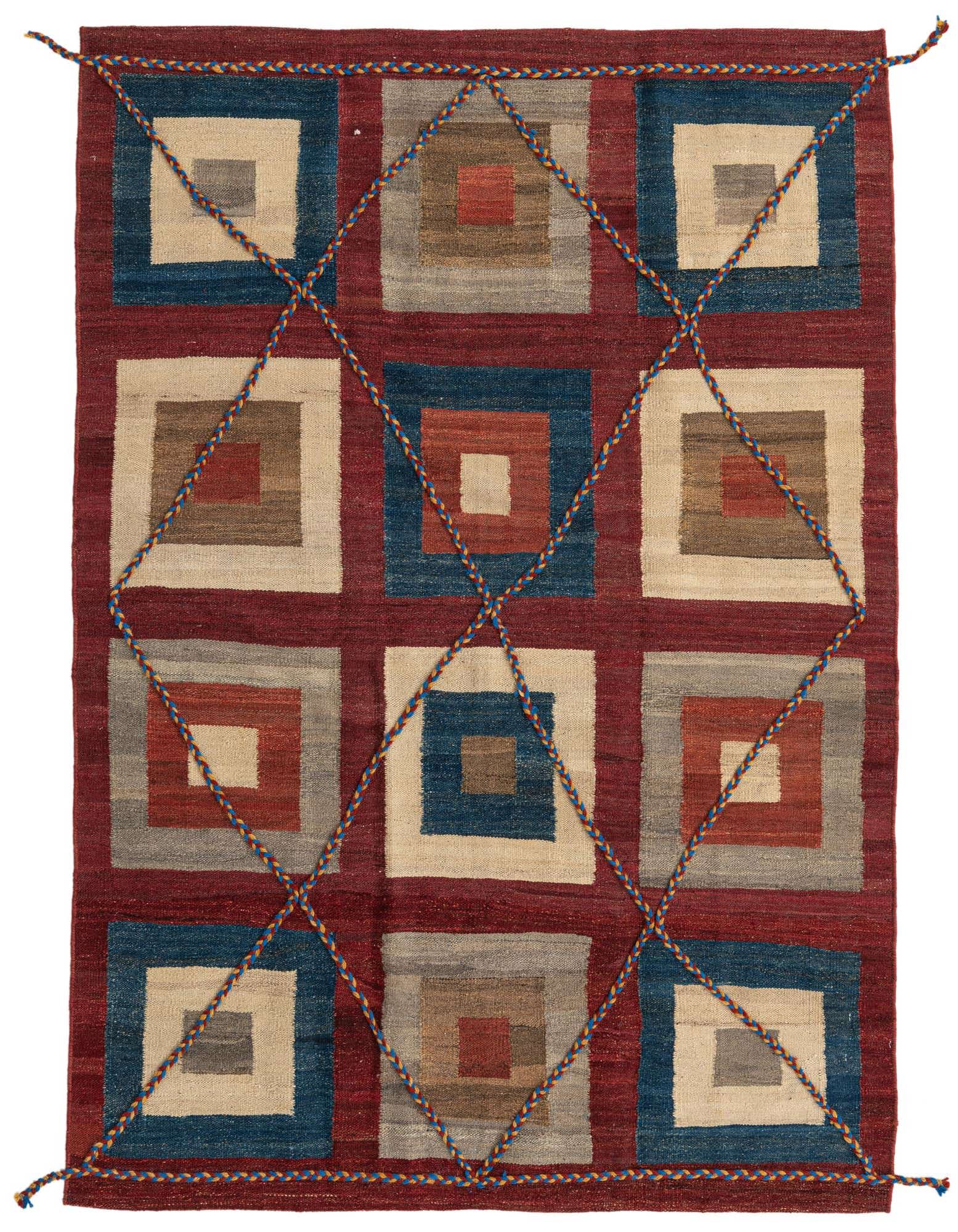 A 4x6 rectangular red tribal rug with a modern abstract pattern of multi-colored squares and braided accents.