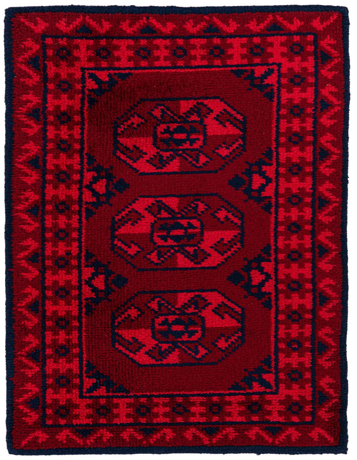 A 3x4 rectangular Moroccan shag rug in deep reds with a tribal pattern and dark blue accents.
