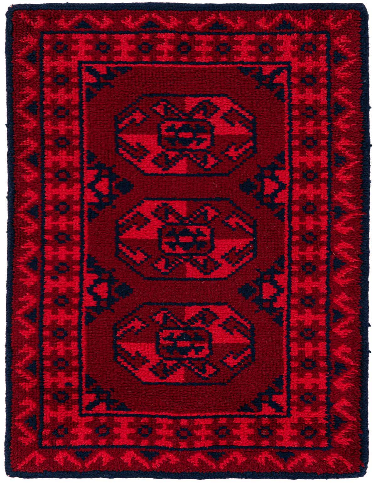 A 3x4 rectangular red wool shag rug with a bold tribal pattern and dark blue accents.