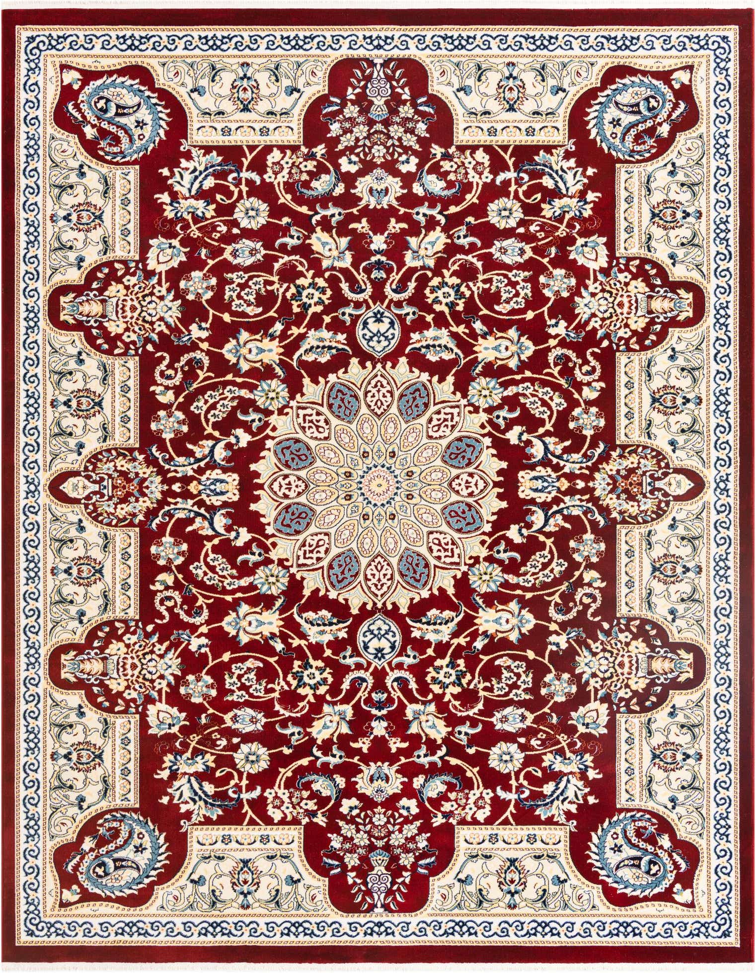 8x10 rectangular red traditional rug with an intricate botanical medallion pattern and cream border, ideal for a living room.