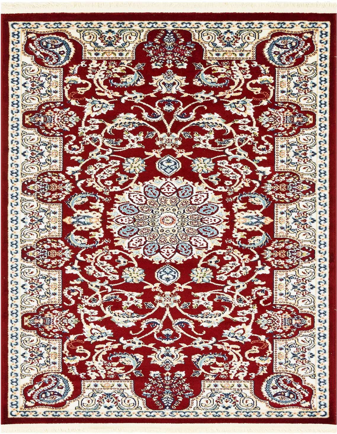 A 3x5 rectangular red area rug with a traditional botanical medallion pattern and fringed edges.