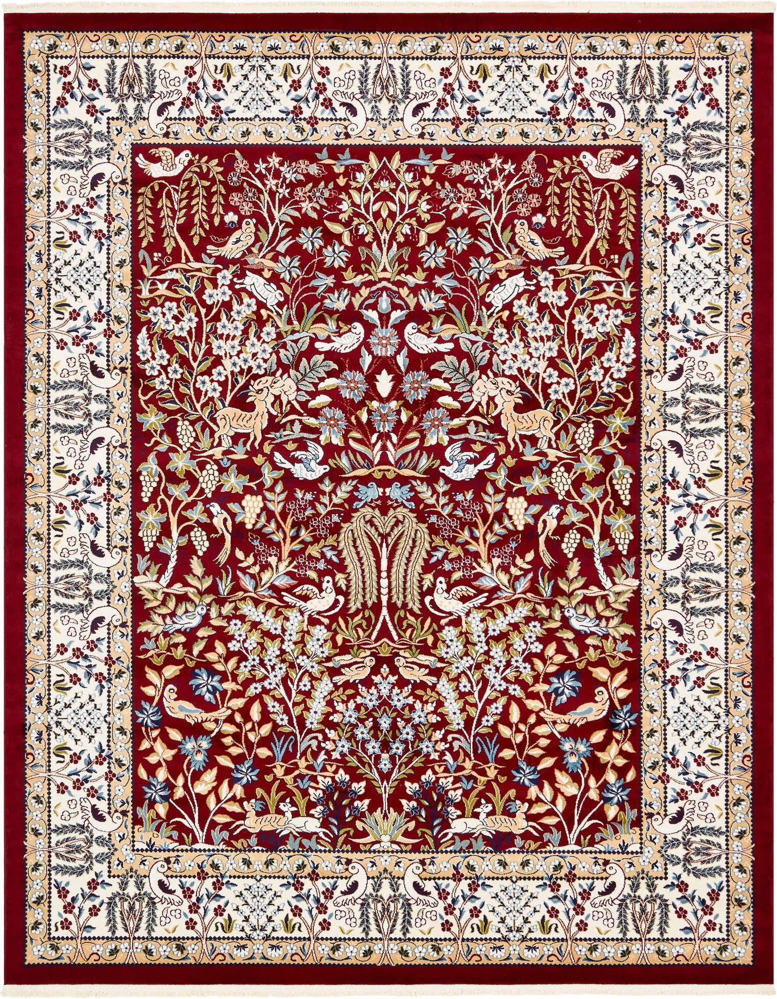 An 8x10 rectangular red traditional rug with an intricate botanical and floral pattern, featuring birds and deer, bordered by a cream and gold design.