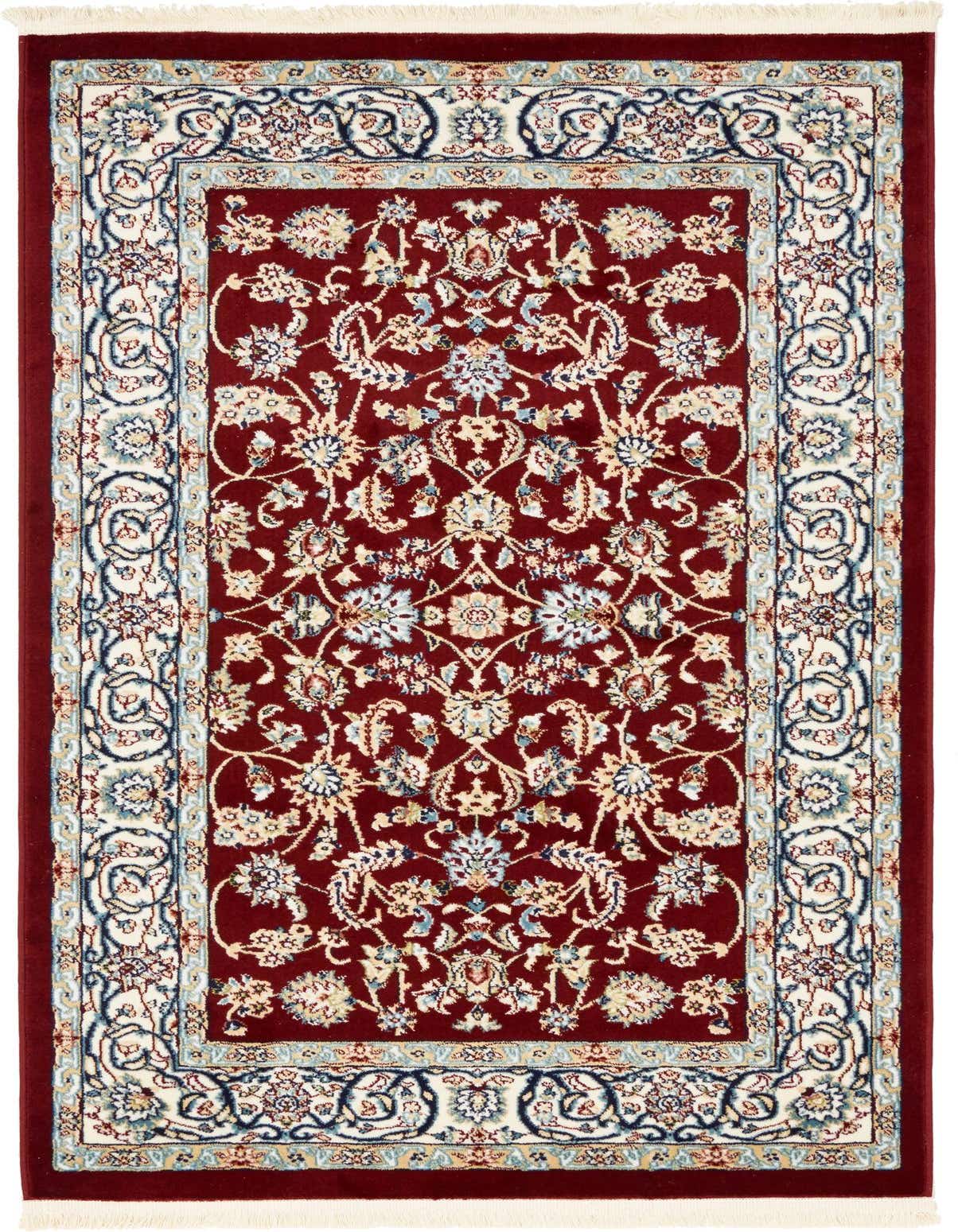 A 3x5 rectangular red traditional rug with an ornate floral pattern and cream, blue, and gold accents.