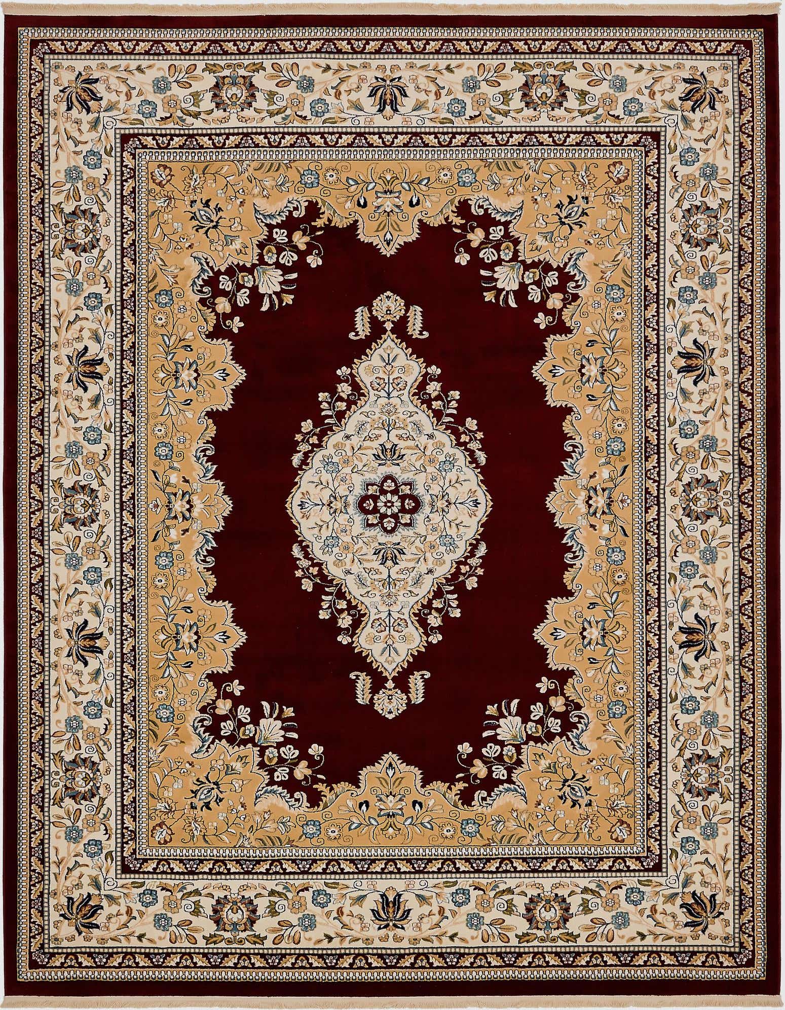 An 8x10 rectangular traditional rug featuring a central medallion and botanical patterns in deep red, gold, and cream.