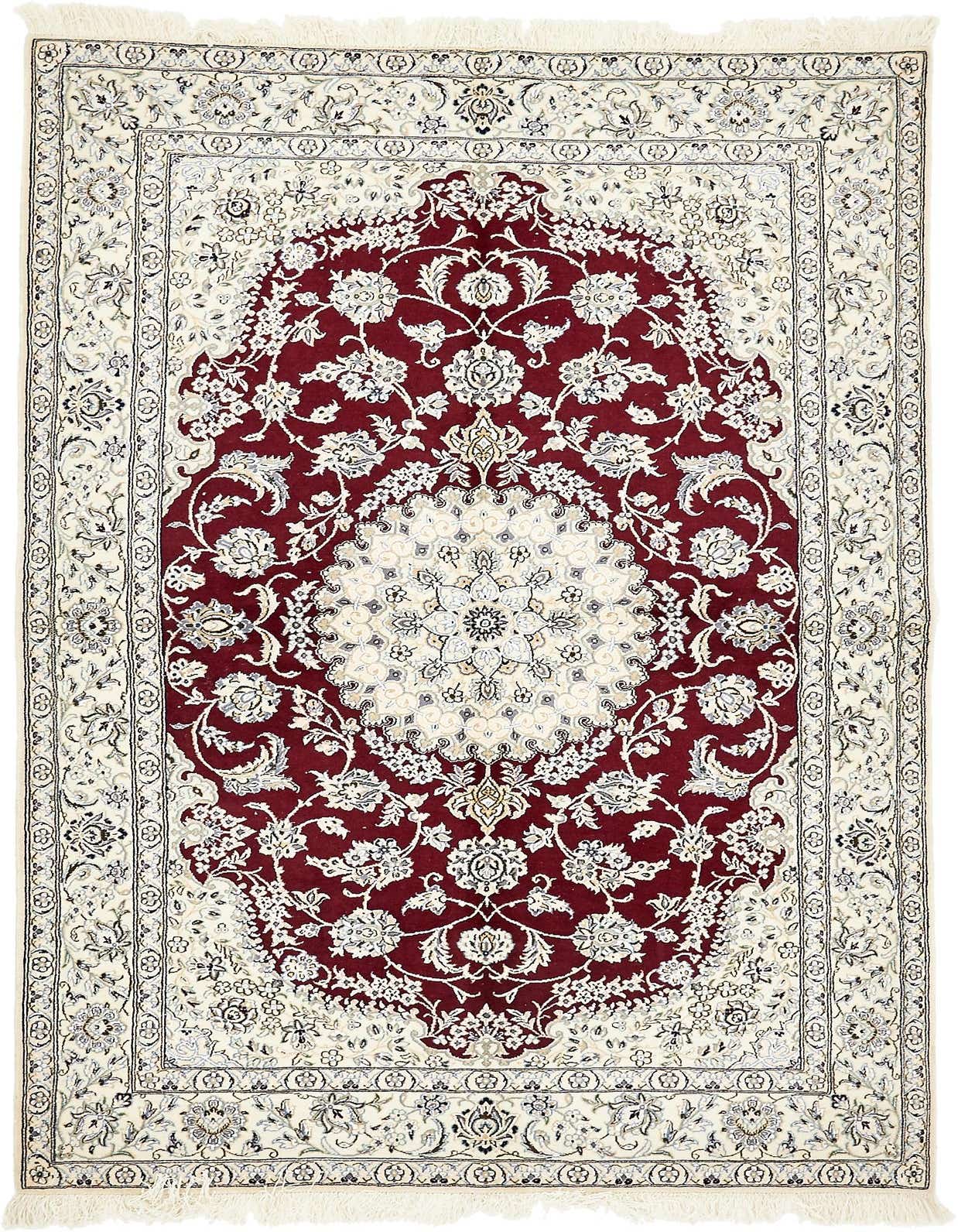 A 5x8 rectangular red Persian rug with an intricate white medallion and floral border design, suitable for a living room.