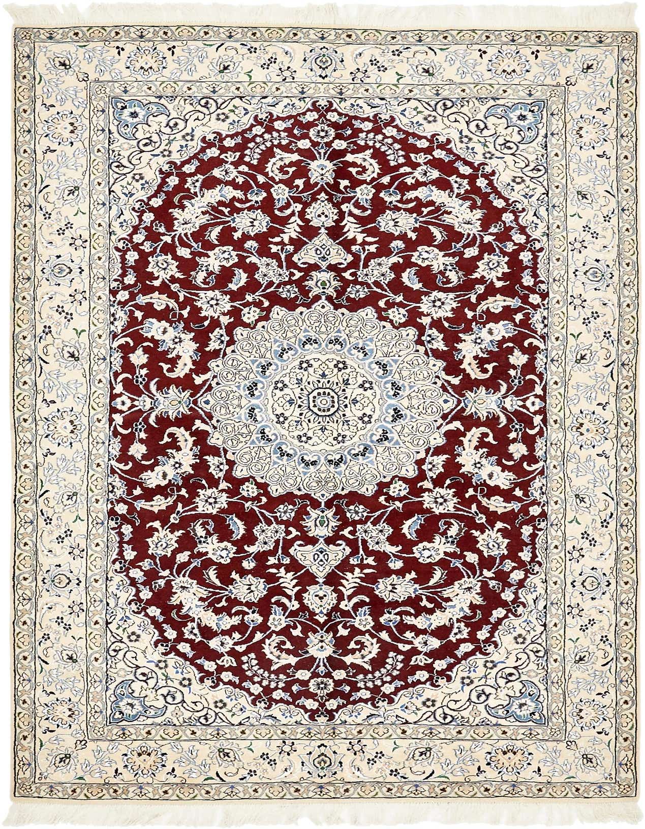 A 5x8 rectangular handmade Persian rug with a red medallion center and intricate floral patterns on a cream background.