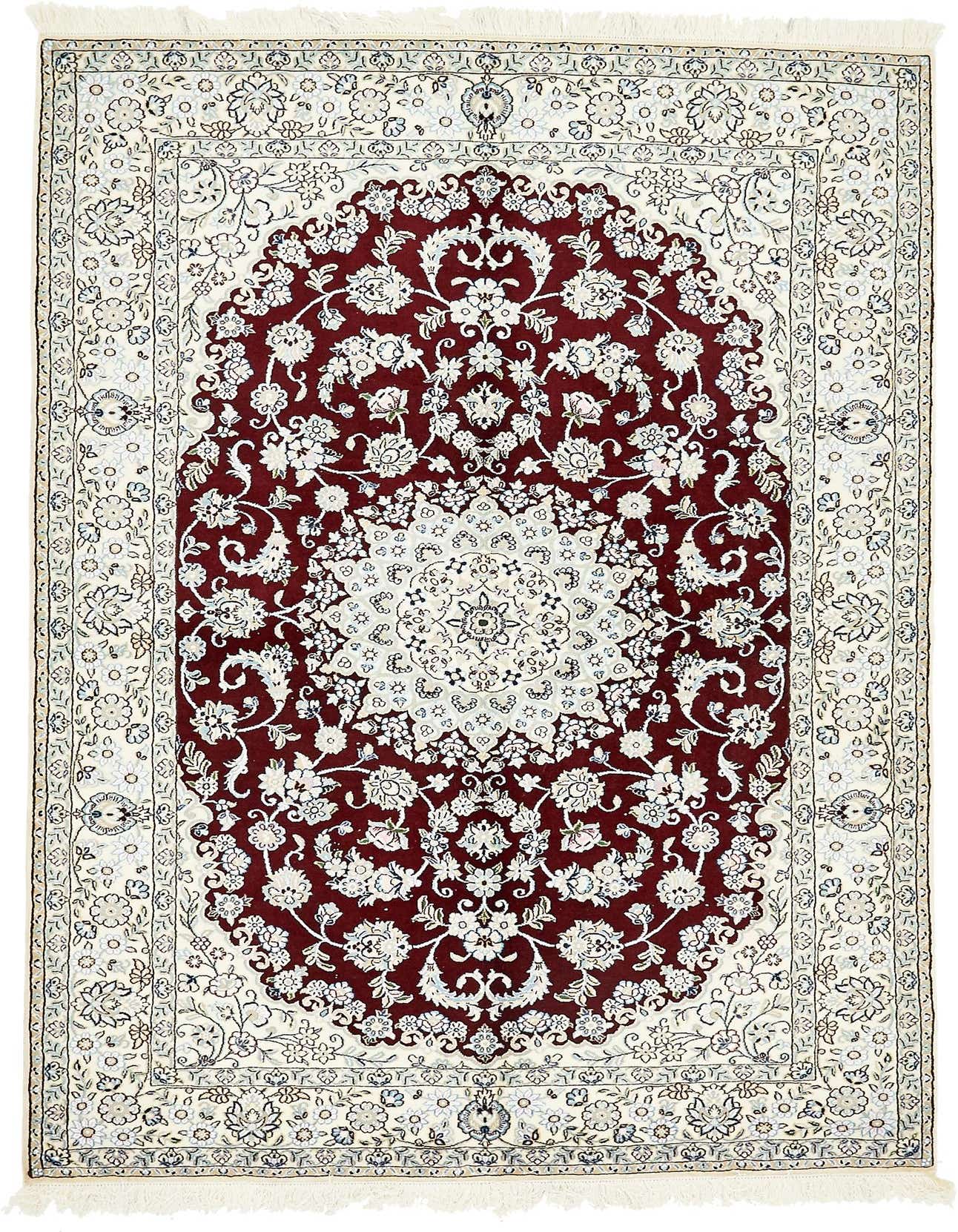 A 5x8 rectangular Persian rug with a deep red medallion center and intricate white floral patterns, ideal for a living room.