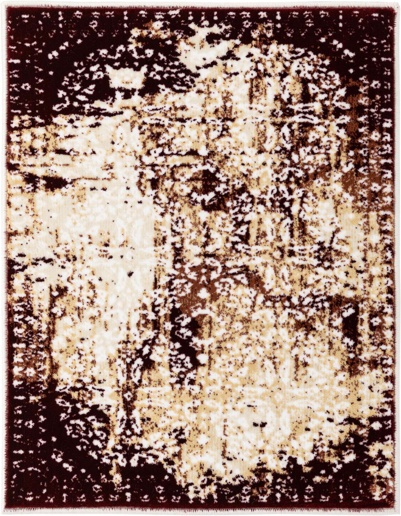A 2x3 rectangular modern abstract rug featuring a distressed pattern in shades of deep red, brown, and cream.