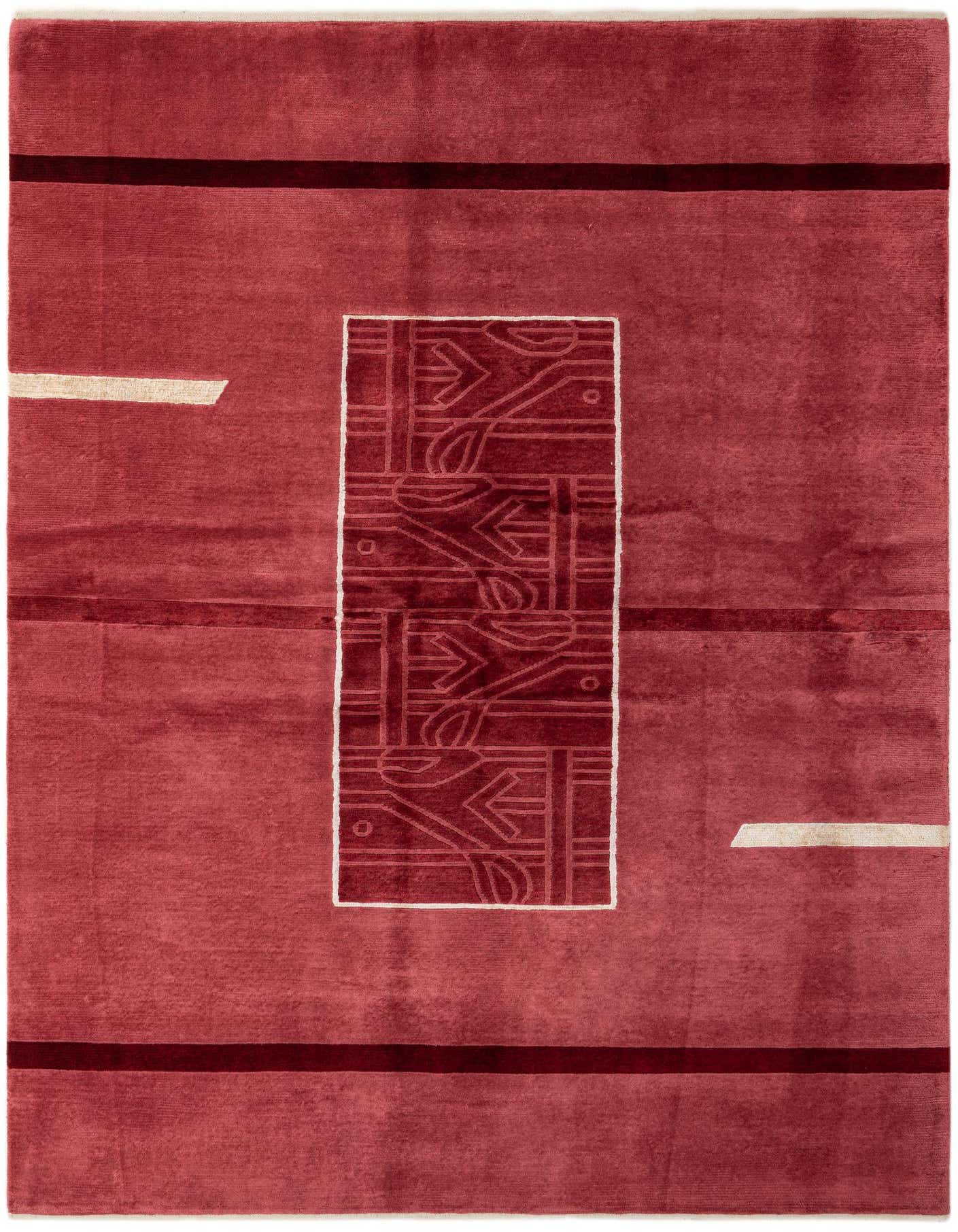 A 5x8 rectangular Nepal collection rug in varying shades of red with a central abstract pattern and horizontal stripes.