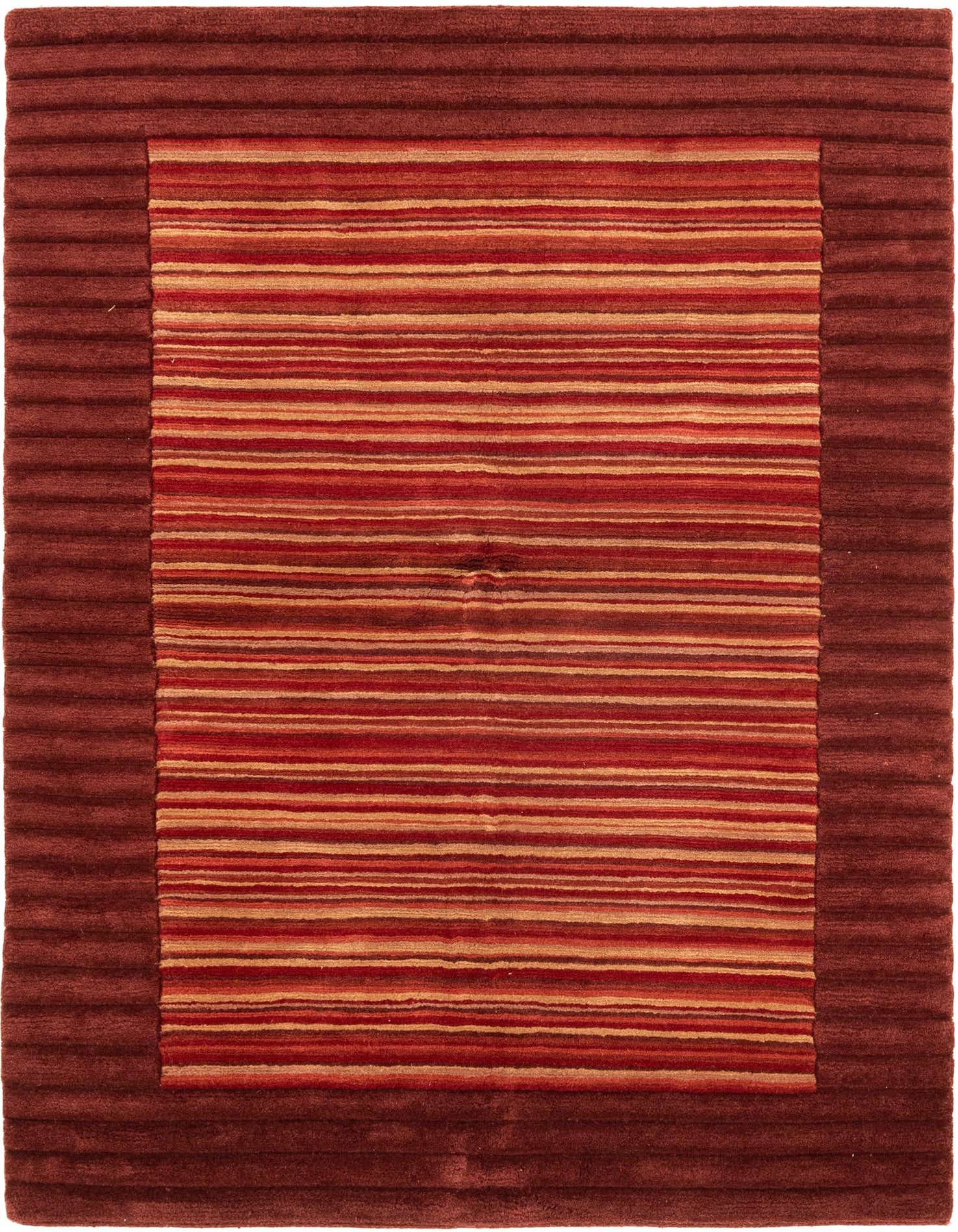 A 4x6 rectangular Nepal rug with a bold striped center in various reds and a solid red border.