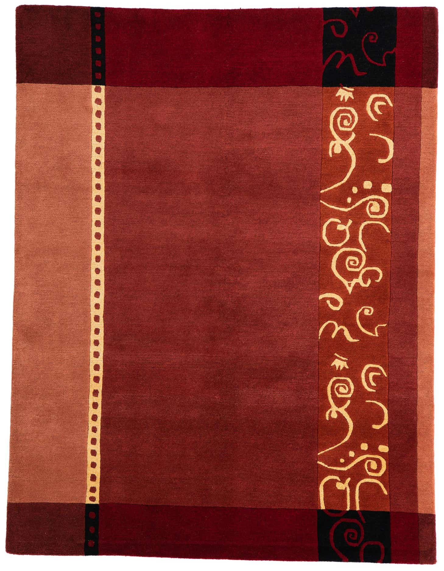 A 4x6 rectangular Nepal Collection rug featuring a modern abstract design in various shades of red, with a light brown border and cream-colored accents.