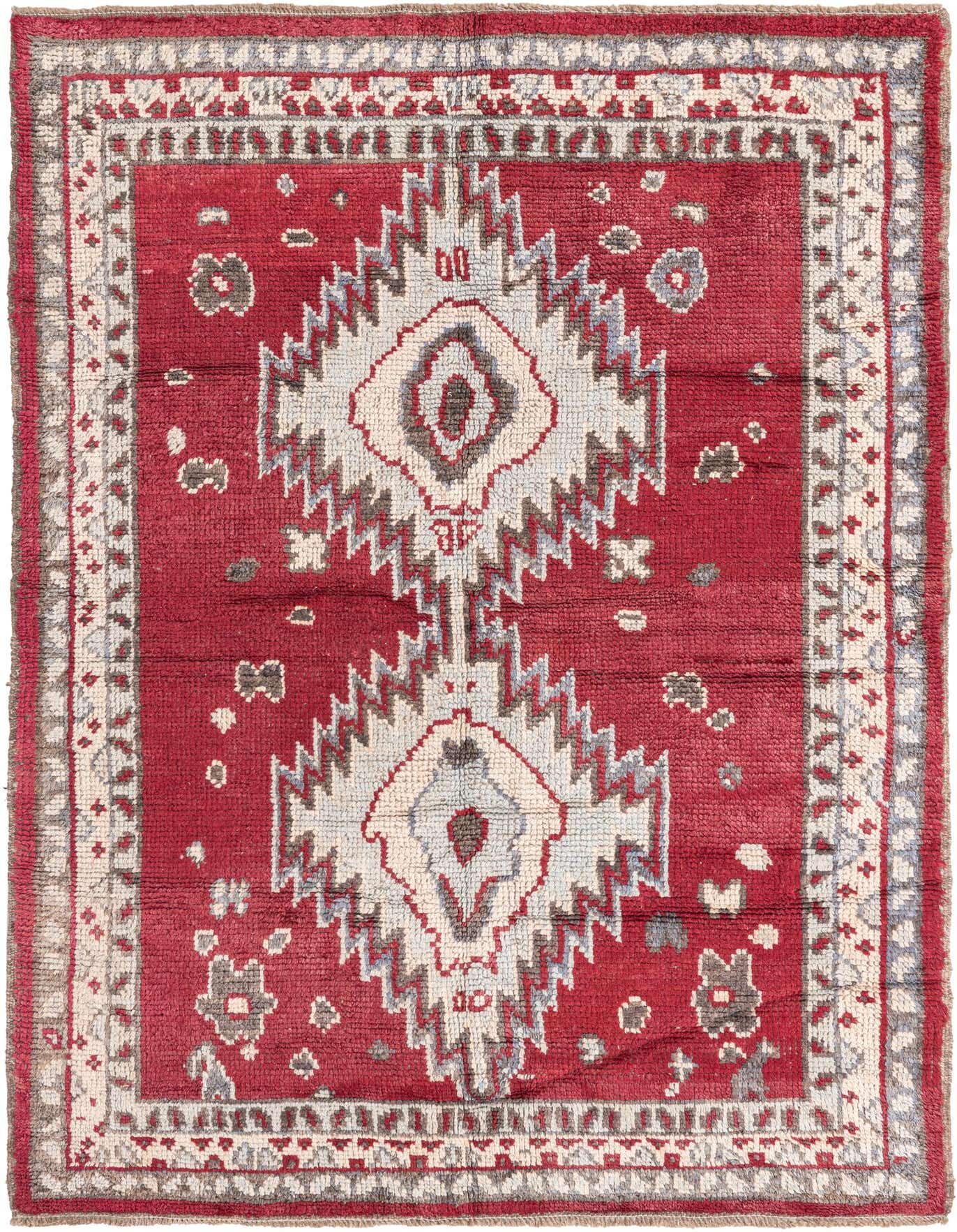A 5x8 rectangular red Oushak wool rug with a modern medallion pattern in cream, gray, and light blue.