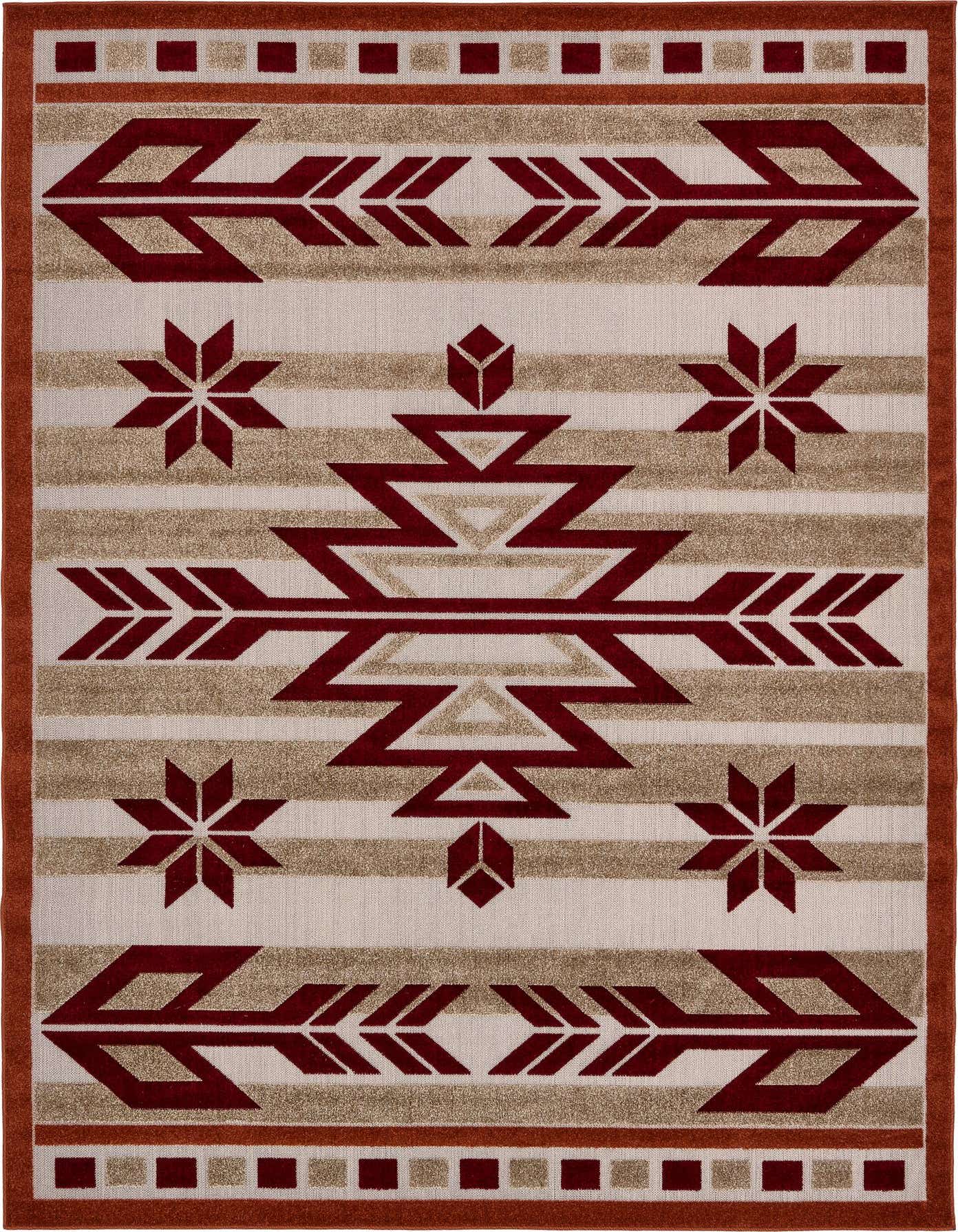A 7x10 rectangular Southwestern rug featuring a central medallion, arrows, and starbursts in deep red, rust, and beige stripes.