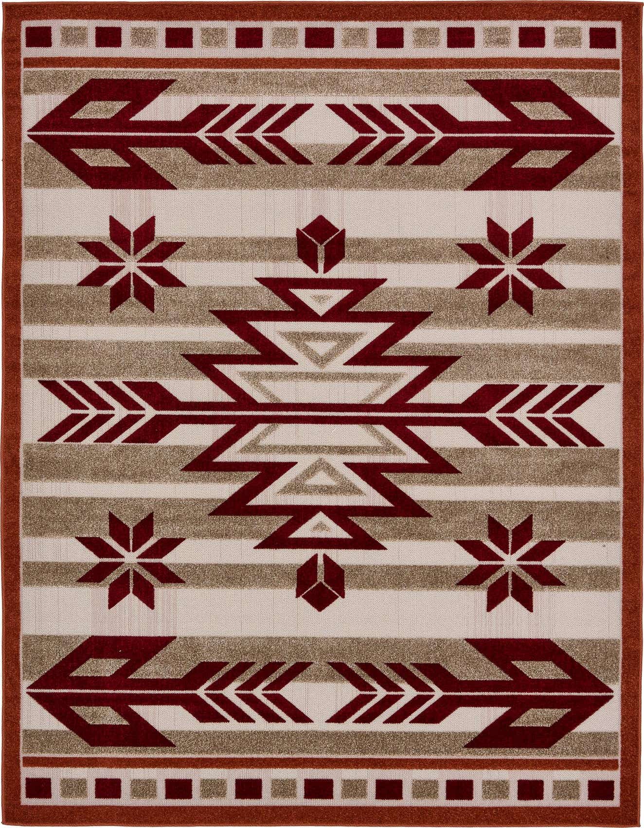 A 6x9 rectangular Southwestern rug featuring a central medallion, arrows, and stars in red, beige, and white.