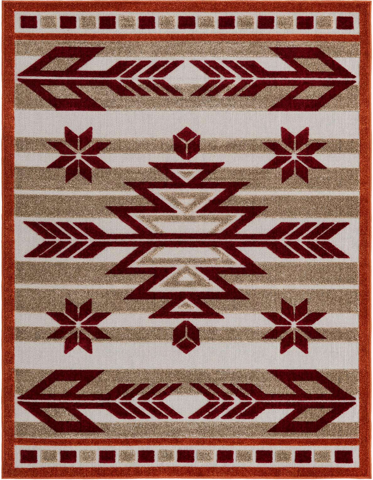 A 5x8 rectangular indoor/outdoor rug with a Southwestern pattern in shades of red, rust, and beige, featuring tribal arrows and geometric medallions.