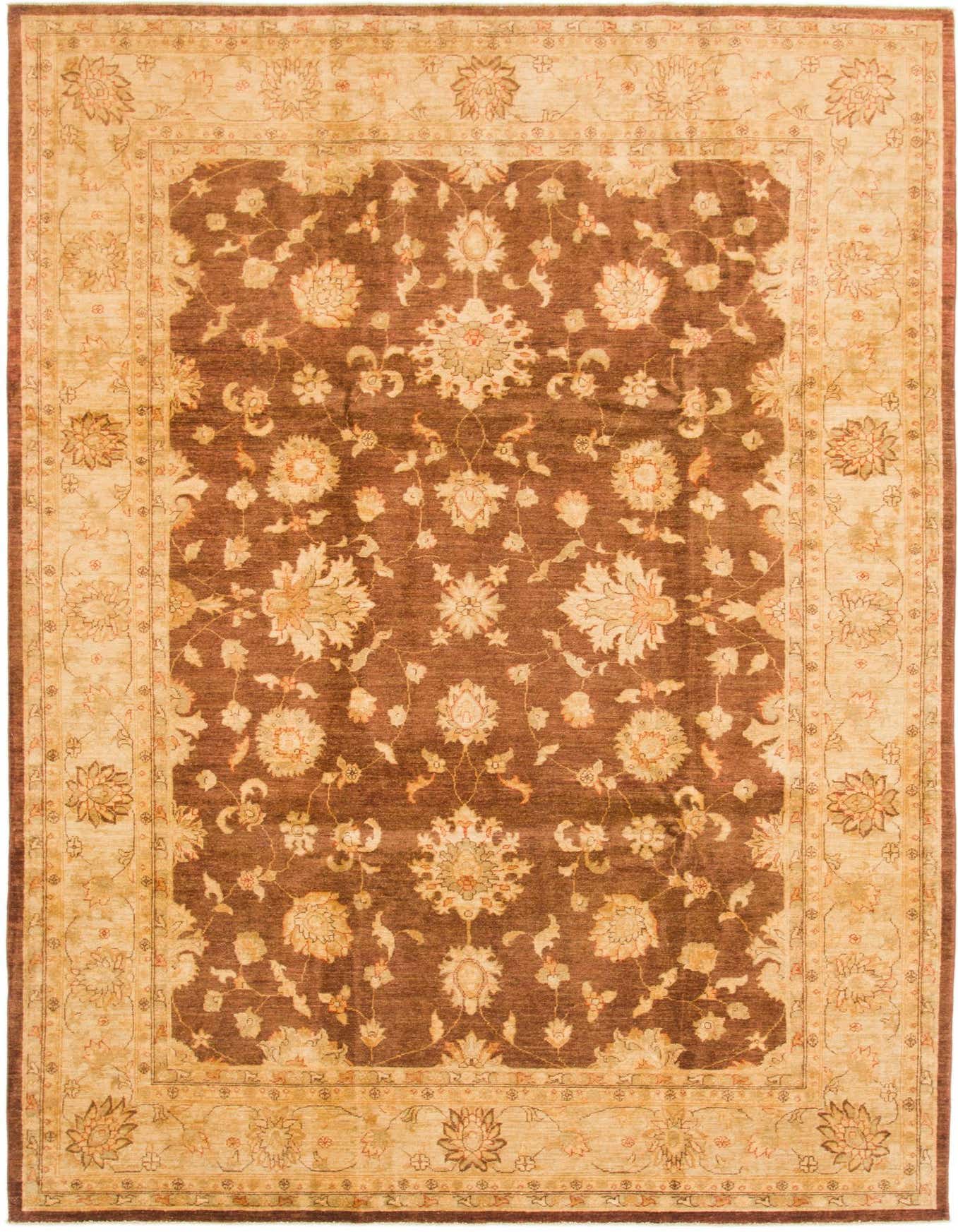 A rectangular 8x12 Peshawar Ziegler rug featuring a rich red field with intricate botanical patterns and a contrasting beige floral border.