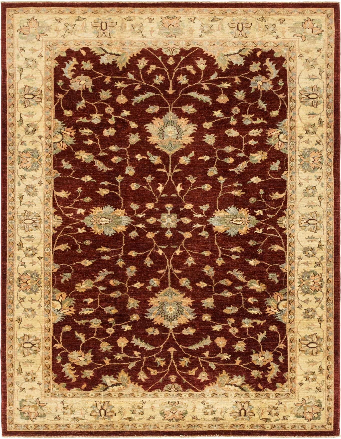 A 6x9 rectangular red traditional rug with an intricate botanical and floral pattern, featuring a cream border.