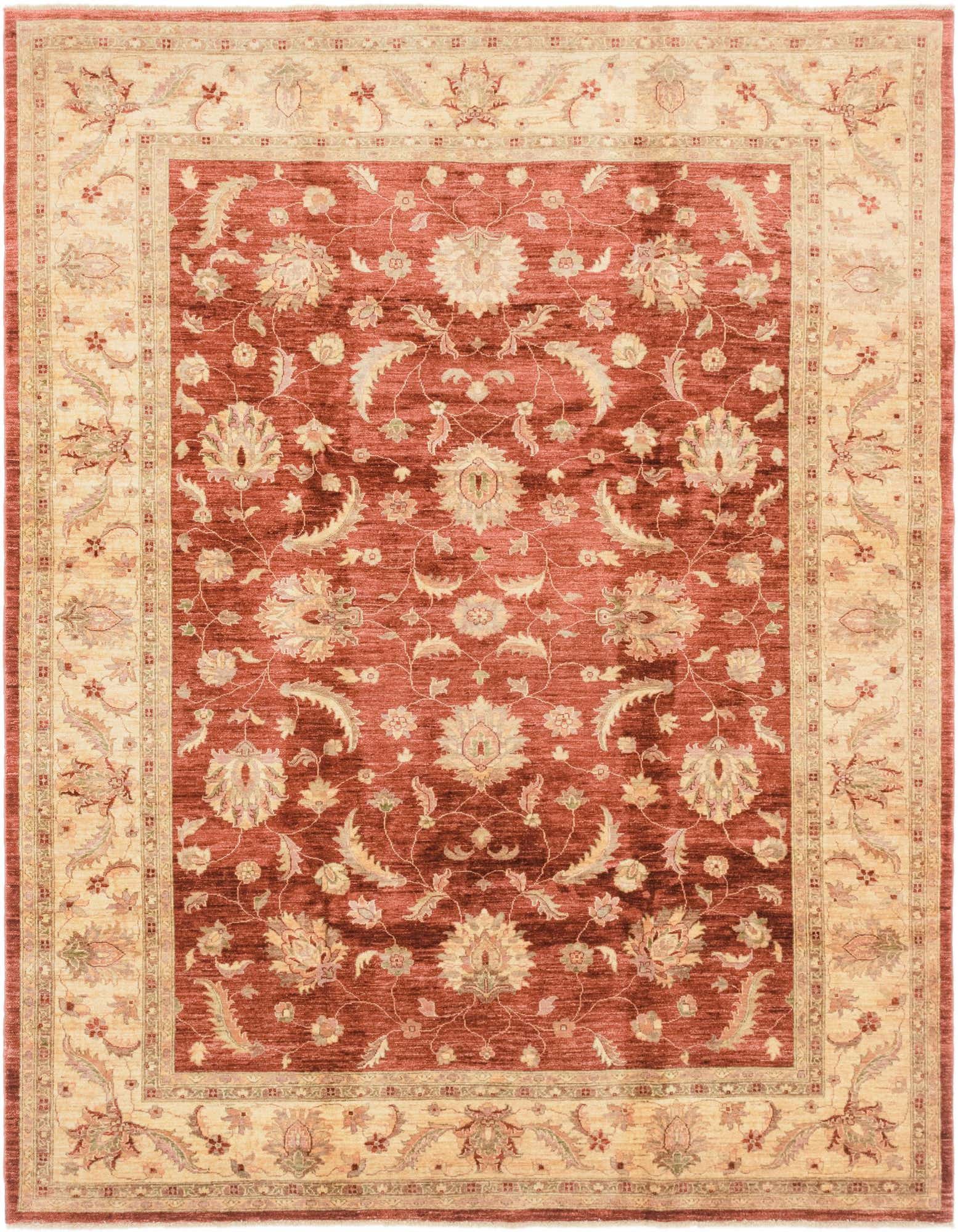 An 8x11 rectangular Peshawar Ziegler rug featuring a rich red field with intricate botanical and floral patterns, framed by a wide cream border.