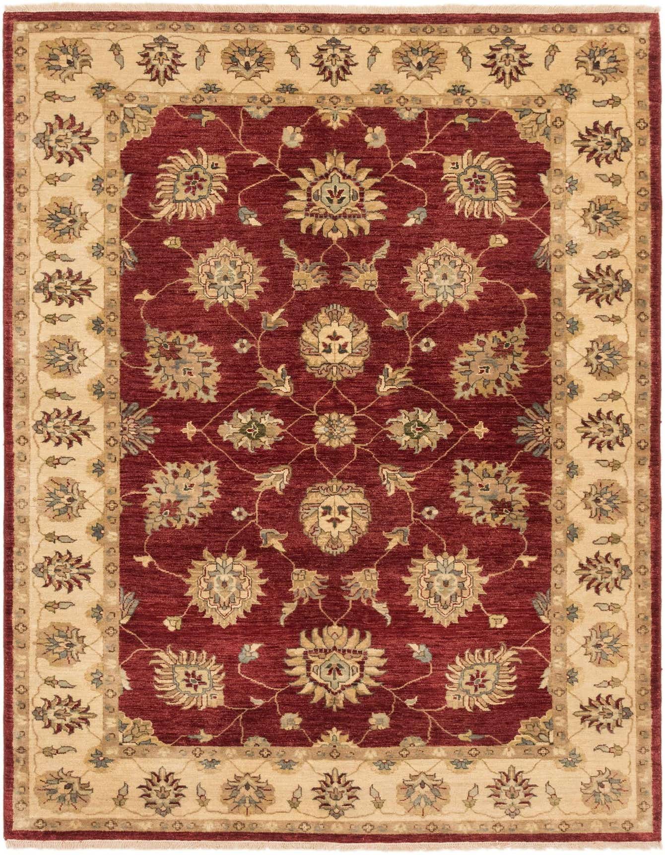 A 6x9 rectangular Rugs.com Peshawar Ziegler rug featuring a deep red field with intricate floral patterns and a wide cream-colored border.