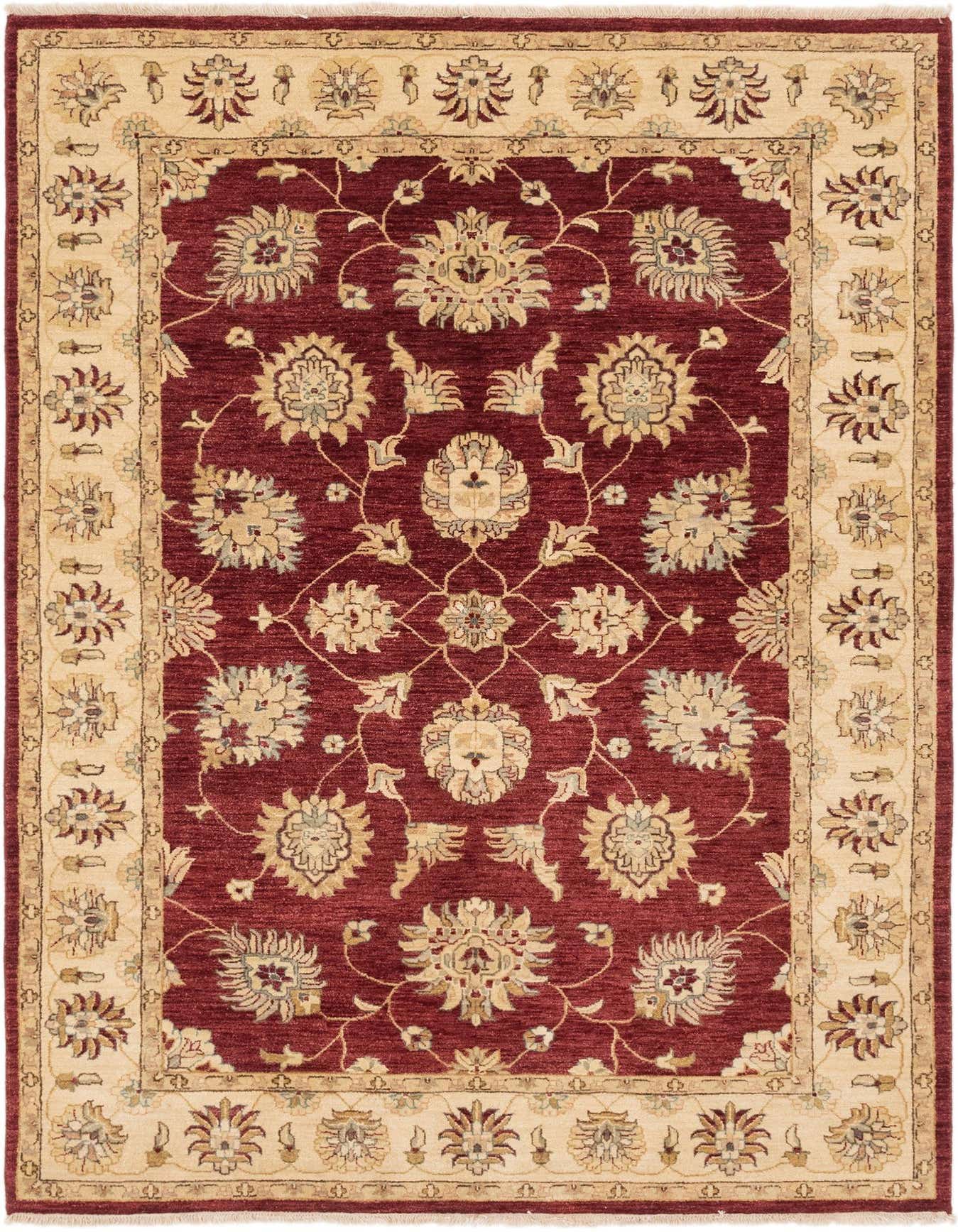 A 6x9 rectangular Peshawar Ziegler rug with a deep red field and intricate botanical and floral patterns in beige and light blue, framed by a wide beige border with complementary designs.