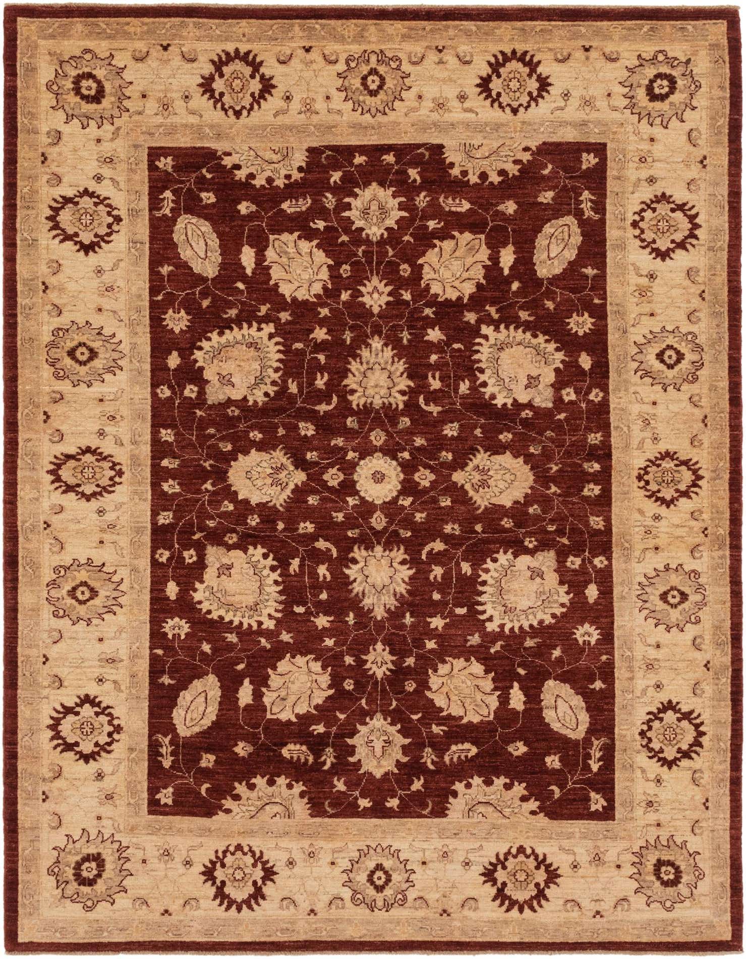 A 6x9 rectangular Peshawar Ziegler rug with a deep red field and a wide beige border, featuring intricate traditional floral and botanical patterns.