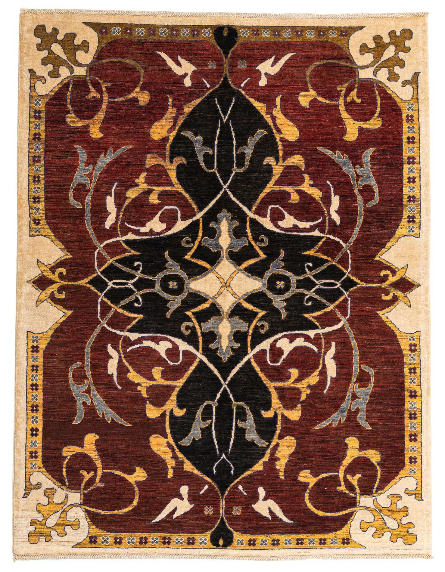 A 6x9 rectangular Peshawar Ziegler rug featuring a large black medallion on a rich red field with gold and cream accents.