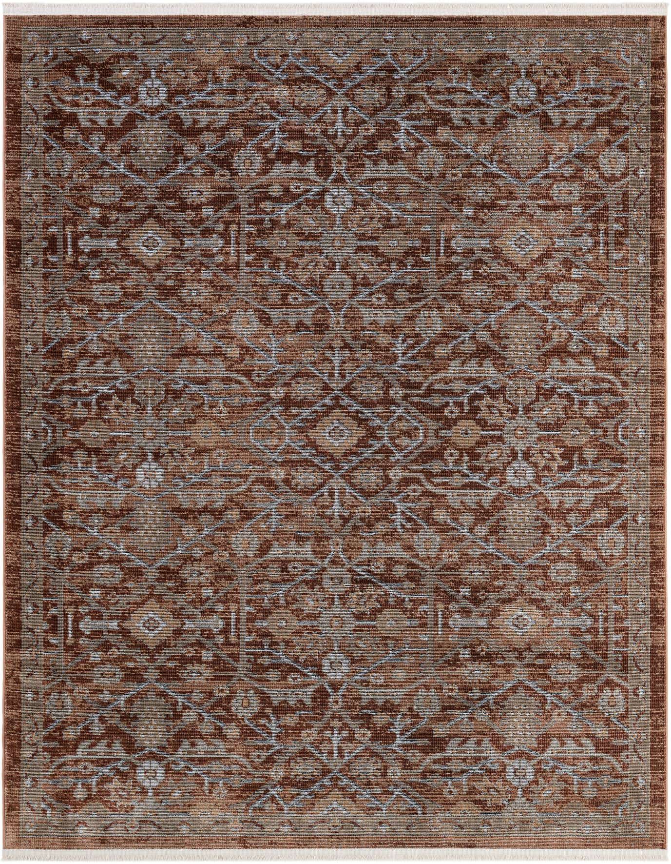 A 5x8 rectangular Rugs.com Santiago rug featuring a traditional Oriental pattern in shades of red and subtle gray.