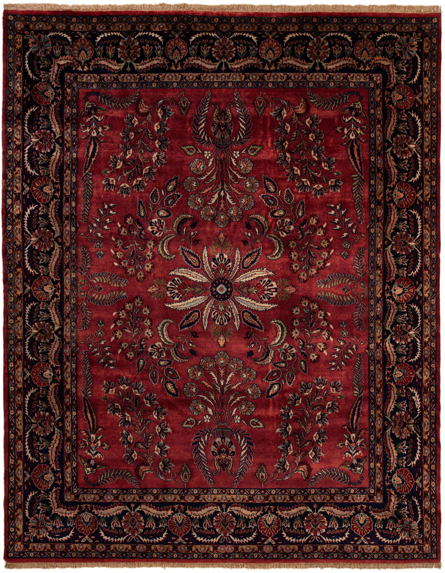 An 8x10 rectangular Sarough rug in rich red with an intricate traditional floral medallion pattern and dark blue border.