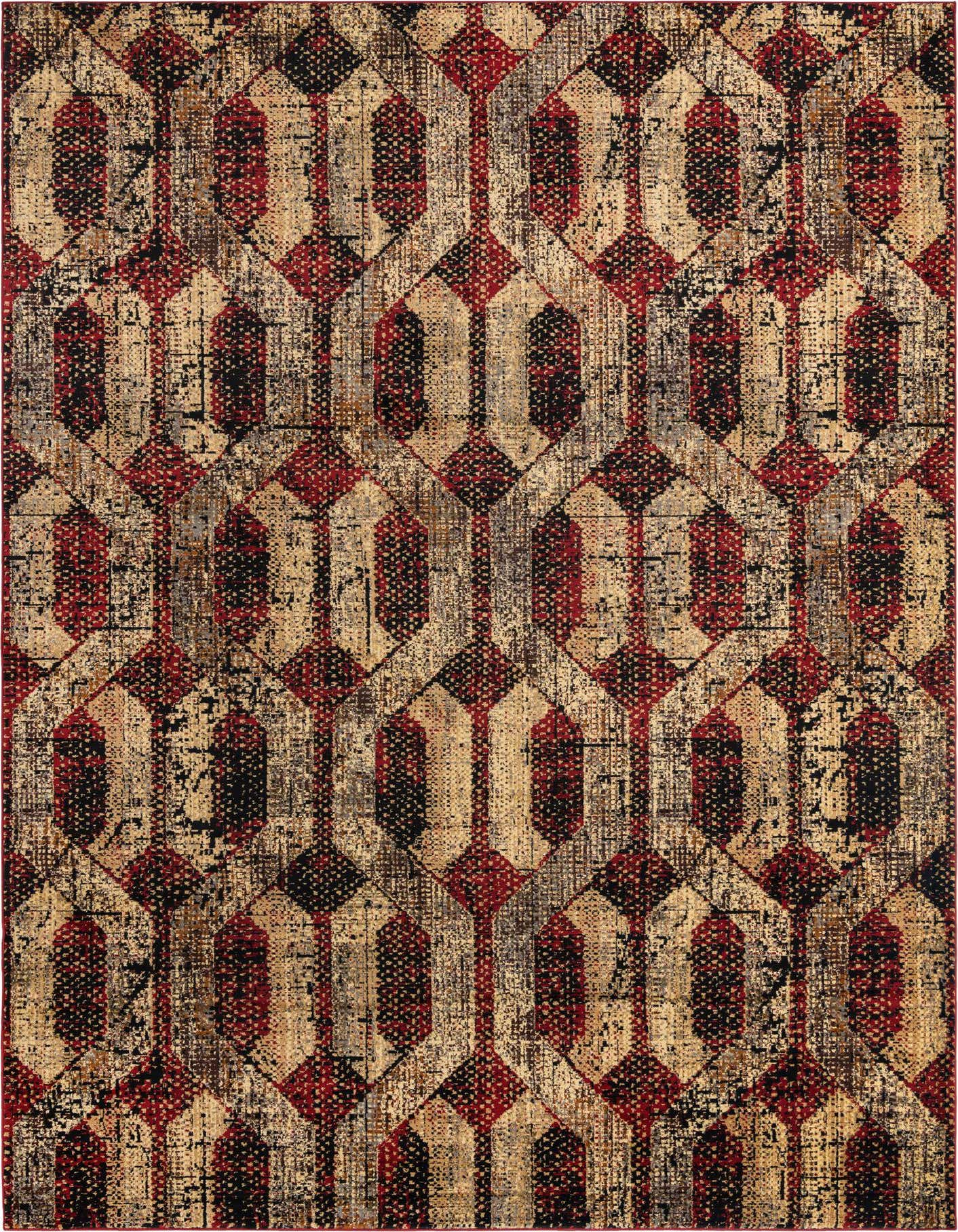 A 10x14 rectangular indoor rug featuring a distressed modern trellis pattern in shades of red, black, and beige.